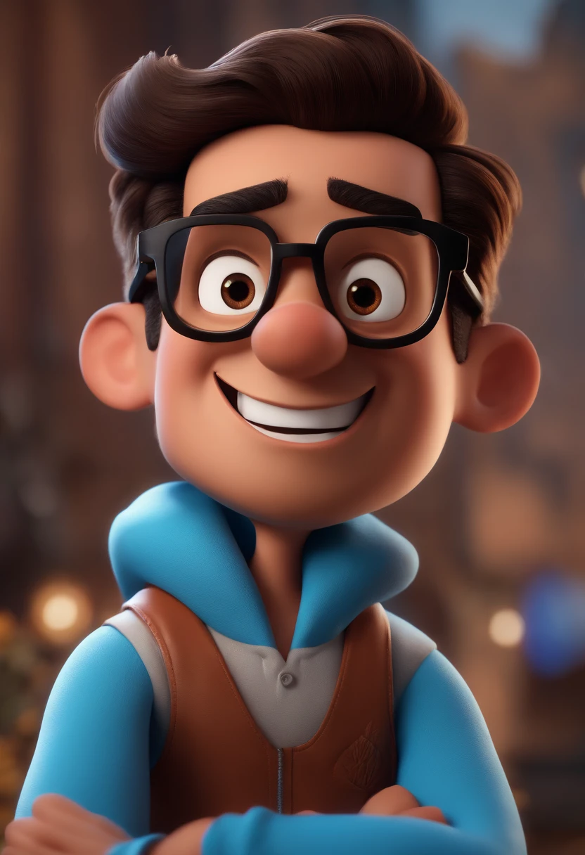 Cartoon character of a man with black glasses and a blue shirt, animation character, Caractere estilizado, animation style rendering, 3D estilizado, Arnold Maya render, 3 d render stylized, toon render keyshot, Personagem 3D, Personagem 3D, 3d rendering stylized, 3 d character render, personagem de desenho animado, Personagem de close up, Pose de personagem,  (Estilo Pixar) (master part:1.2) (Bokeh) (best quality) (pele detalhada) (textura detalhada) (8k) (argila) (Cinematic lighting) (foco nítido