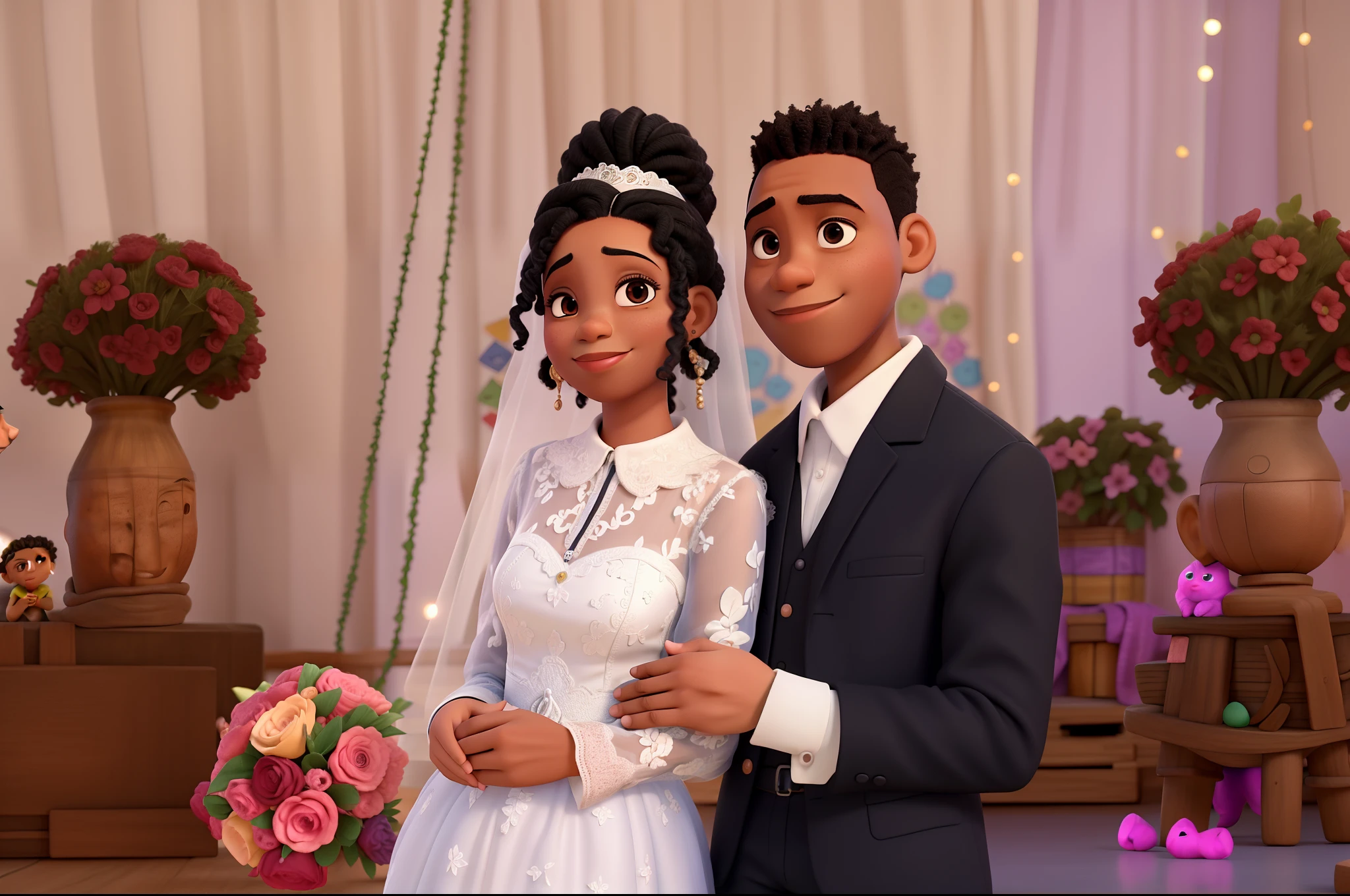 Um casal de jovens negros se casando estilo pixar