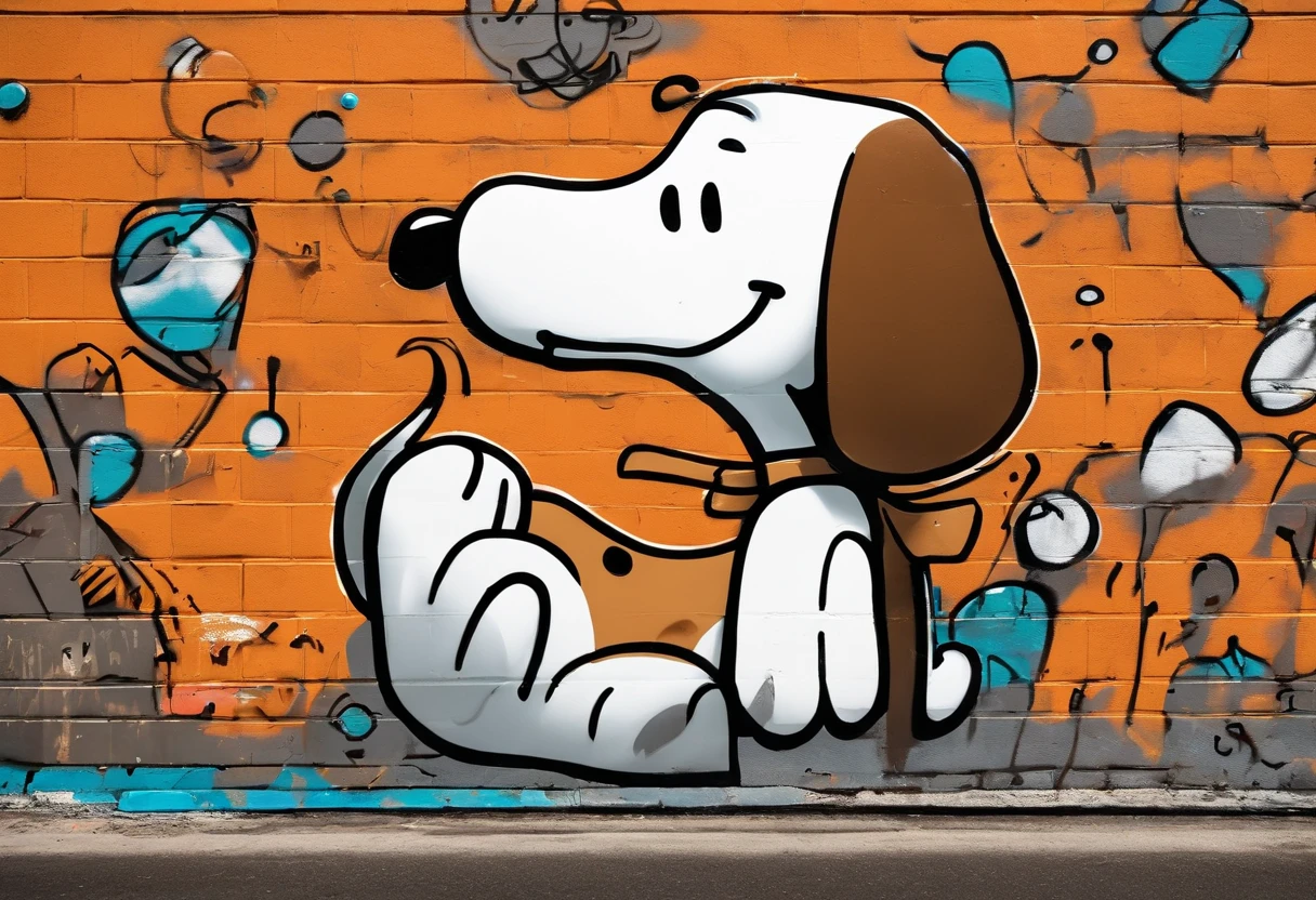 Snoopy style: a female dog, black, white and brown. Beagle, playing with a hose in his mouth, with a happy face. Sunny day. Snoopy style cartoon drawn by Charles M Schultz. Dog with her face all in brown. her back is black with paws in white