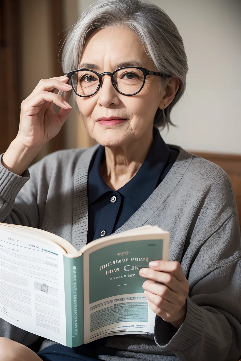 A gray-haired, wise old grandmother，With reading glasses，The spirit is very good