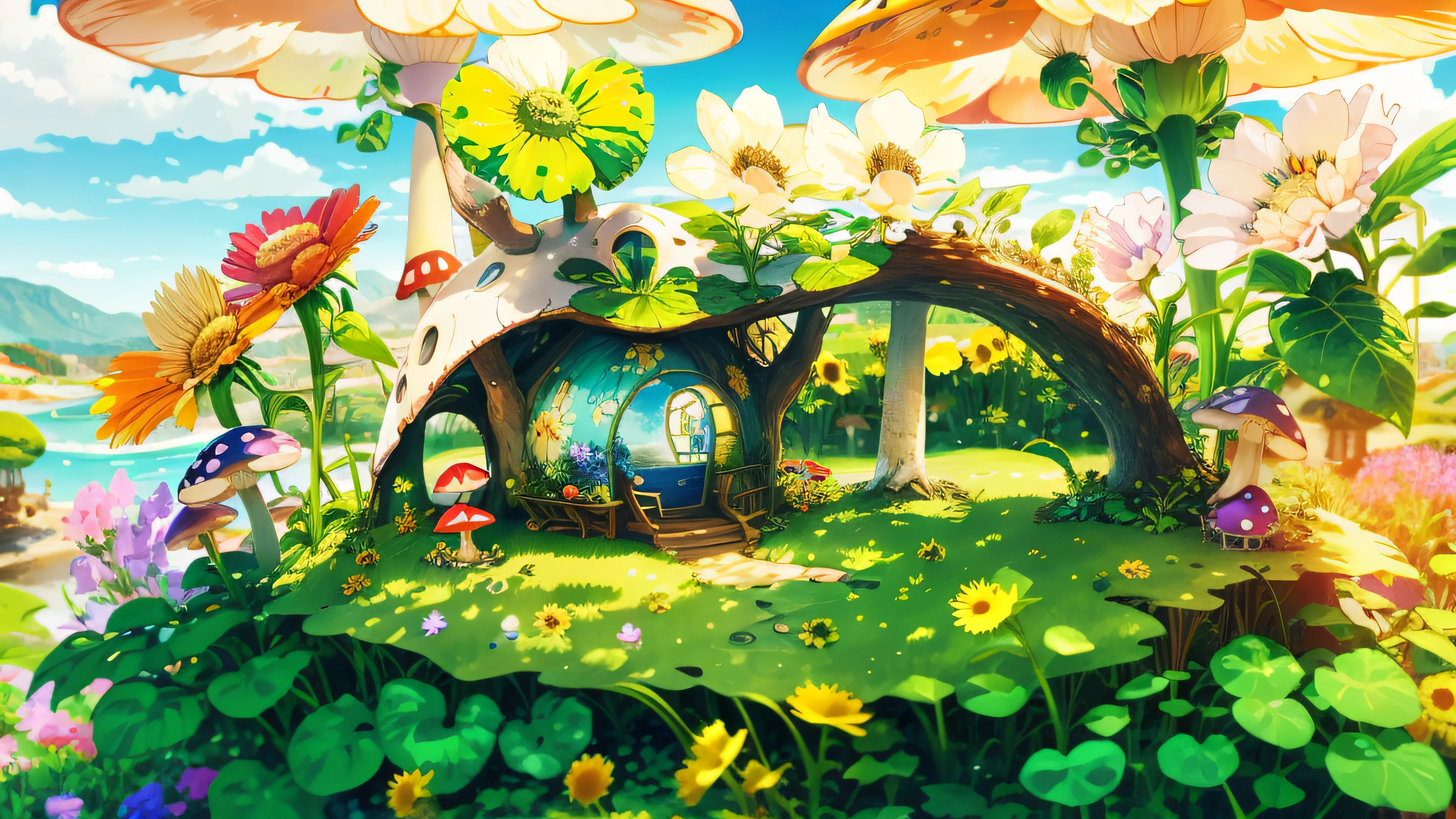 World in a bottle，A fairyland-like hideaway，Colorful mushroom house，a fairy world，summer day，beachside，rios，tree house，Sunflower fields，lavender，mountain ranges，mountain peaks，big trees，