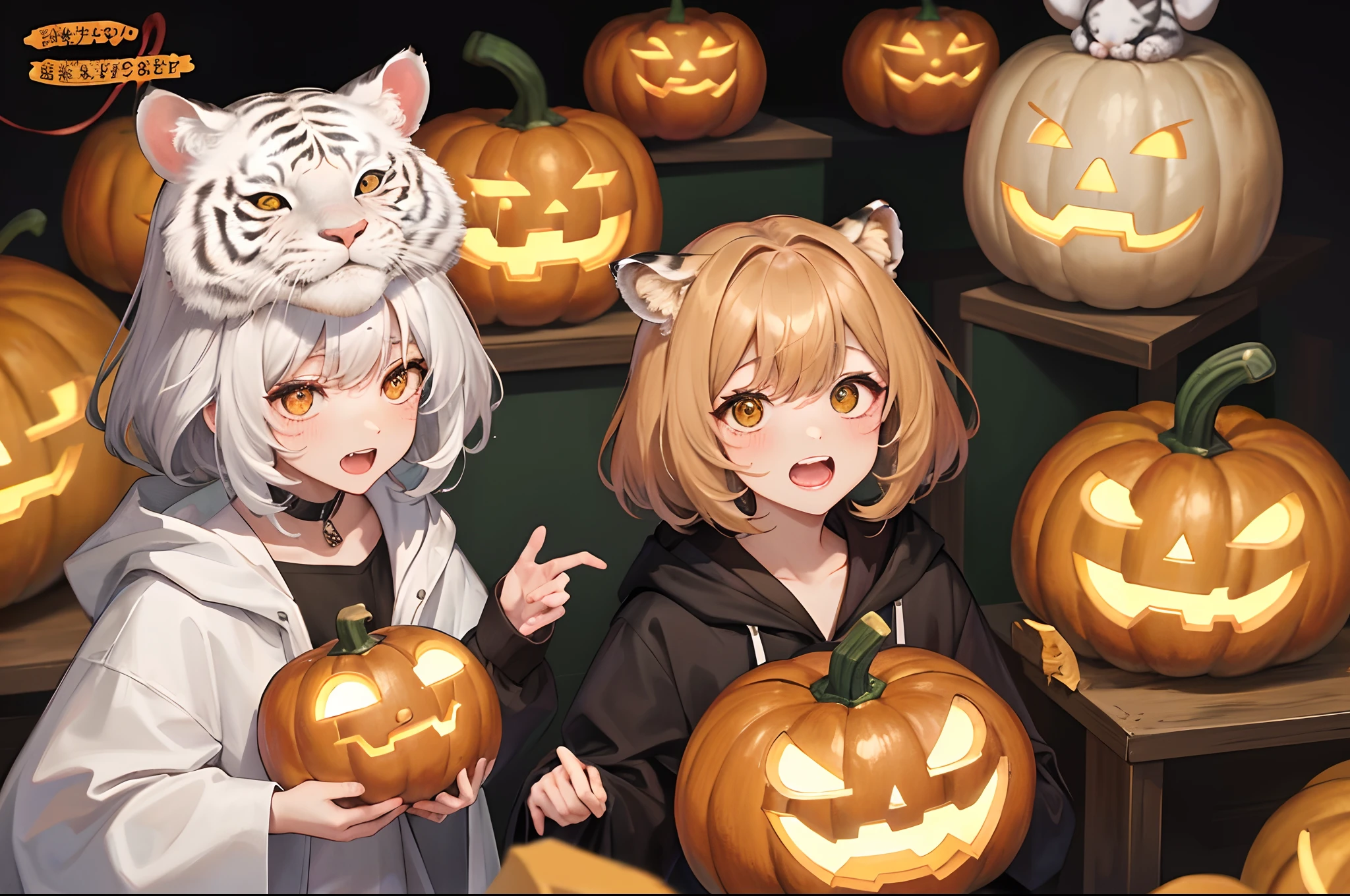 The tiger source of the white tiger is too ginseng，Ah no，Pumpkin...
It took a long time，Finally let Hu Yuantai be stuffed into a by a pumpkin terrier（Cover your face）
Happy Halloween~If you like it, you can forward it more ≧w ≦
