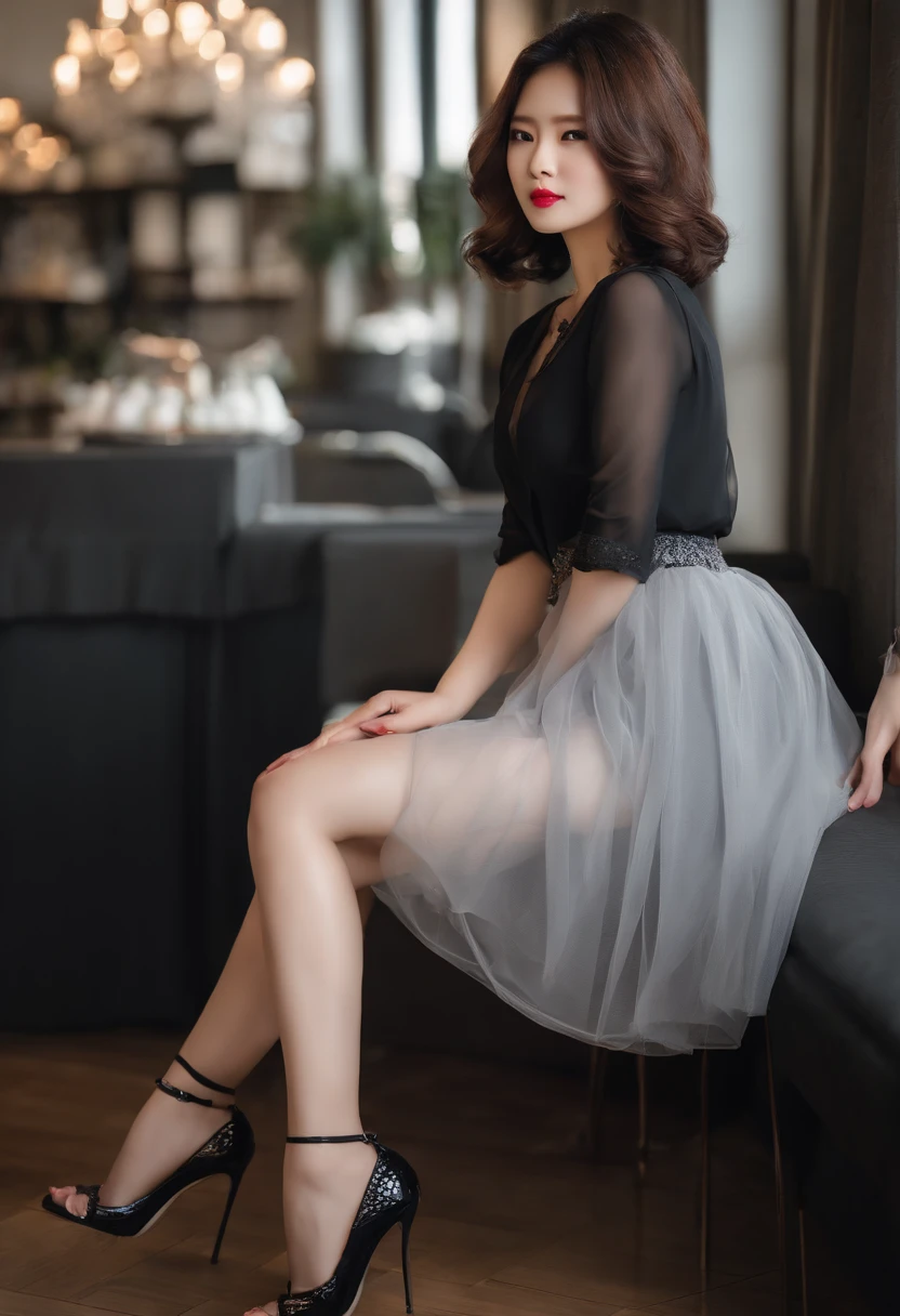 beautiful Korean women,short detailed hair,high-heels,27yo,Whip, whip,Lingerie transparent,white skinned,black garter stockings,transparent gray skirts,Overweight,thighs thighs thighs thighs,White pedicure