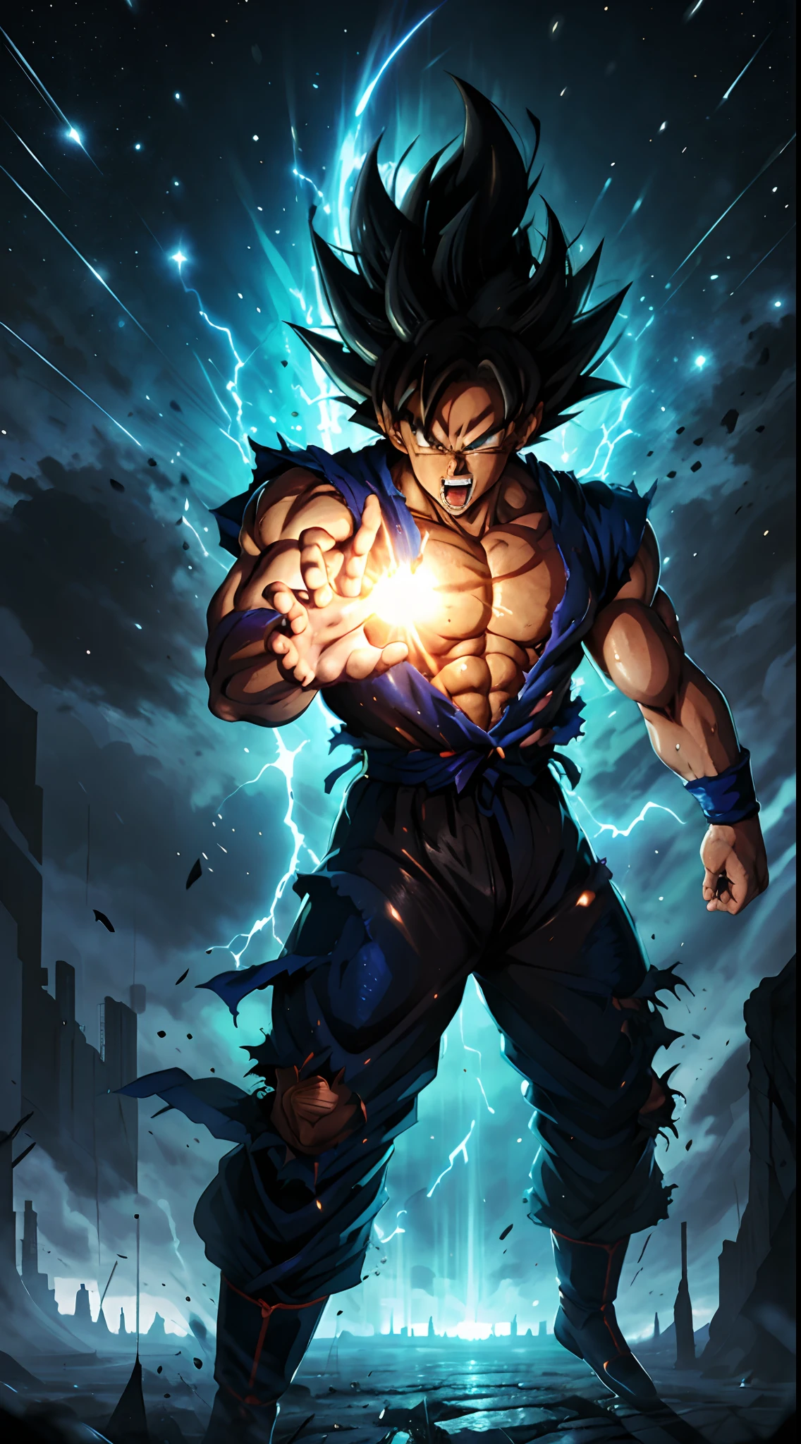 Beautiful, well-composed artworkA proud epic character and a beautiful, realistic scene behind the scenes. Get ready for a visual feast with the handsome 20 year old God Goku with symmetrical red eyes, a handsome face, simple detailed dark blue clothes, a good body, In his transformed state, he radiates extreme instinct and power, creating an epic anime about this man of energy. This concept art comes from the Dragon Ball Universe, with manga-style 8k wallpapers that will transport you to another dimension. Get ready to be amazed by this detailed piece of digital anime art, showcasing the ultimate combination of style and power.