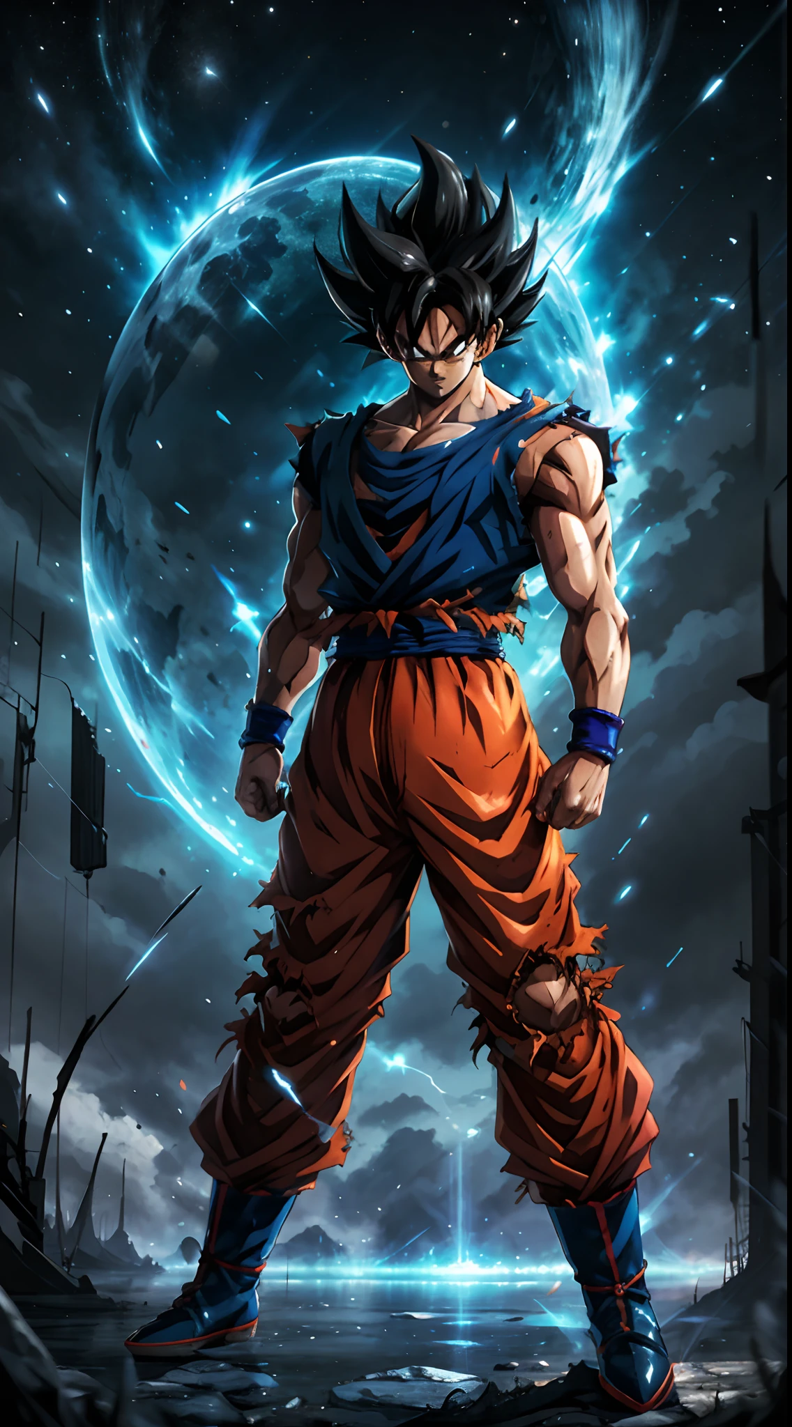 Beautiful, well-composed artworkA proud epic character and a beautiful, realistic scene behind the scenes. Get ready for a visual feast with the handsome 20 year old God Goku with symmetrical red eyes, a handsome face, simple detailed dark blue clothes, a good body, In his transformed state, he radiates extreme instinct and power, creating an epic anime about this man of energy. This concept art comes from the Dragon Ball Universe, with manga-style 8k wallpapers that will transport you to another dimension. Get ready to be amazed by this detailed piece of digital anime art, showcasing the ultimate combination of style and power.