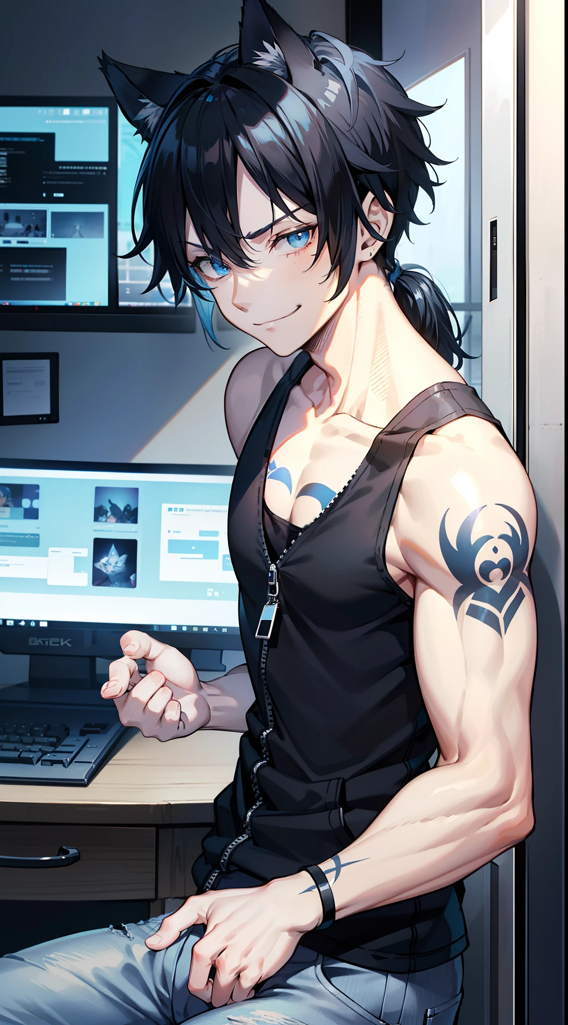 Grown-up guy, Short black hair with blue strands, high ponytail, cat ears, blue eyes, musculature, smirk, black tank top, Jeans, fetters, Silver elements, tattoo, Scars, Blue Flame, zipper, Masterpiece, hiquality, 4k, HD, Good detail