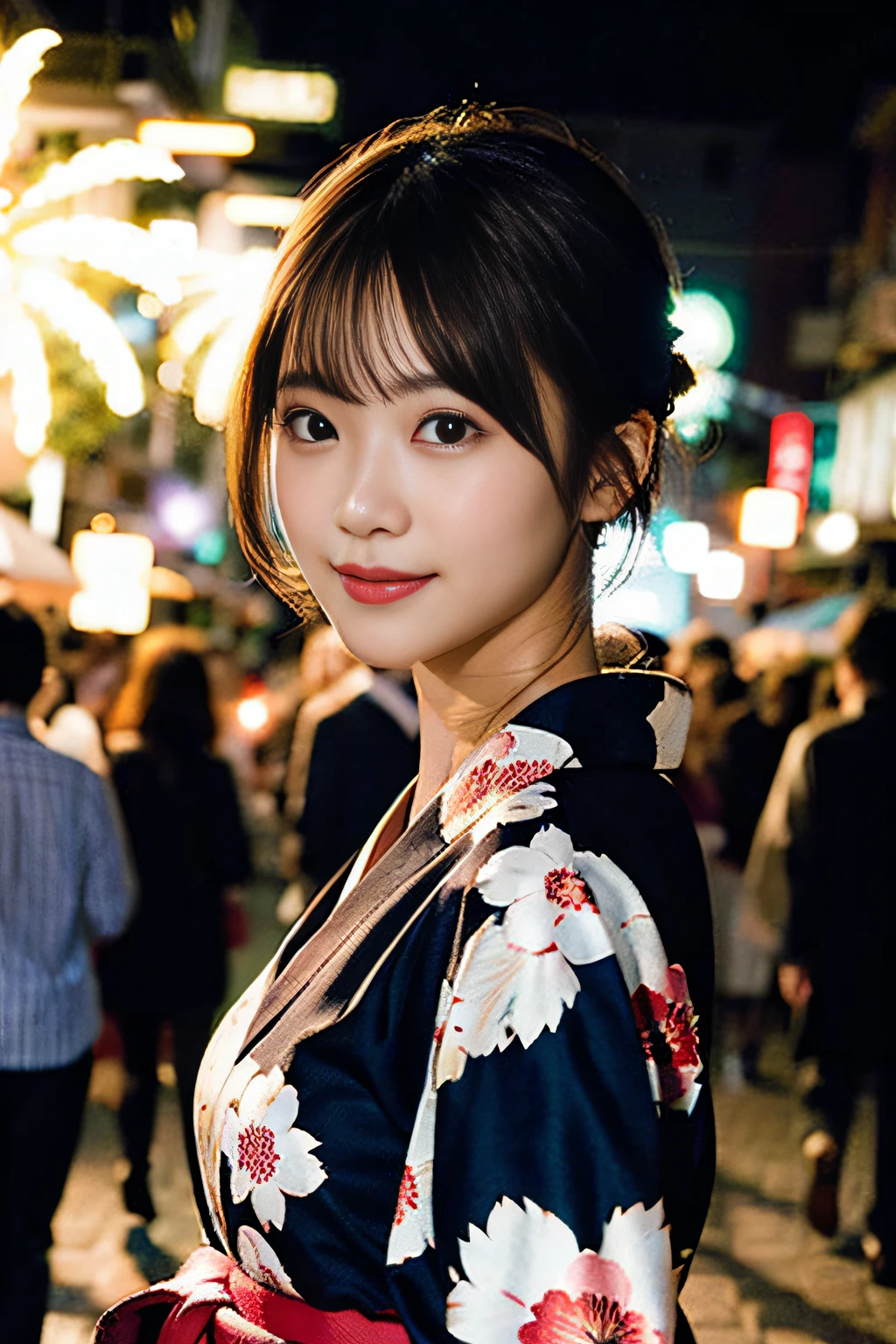 (8K、Raw photography、top-quality、​masterpiece:1.2)、(realisitic、Photorealsitic:1.37)、ultra-detailliert、超A high resolution、女の子1人、see the beholder、beautifull detailed face、A smile、Constriction、(Slim waist) :1.3)、Beautiful detailed skin、Skin Texture、Floating hair、Professional Lighting、Whole human body、Longhaire、a blond、Japan floral yukata、matsuri、In the street、sparklers、Bob Hair,Background of the fireworks display