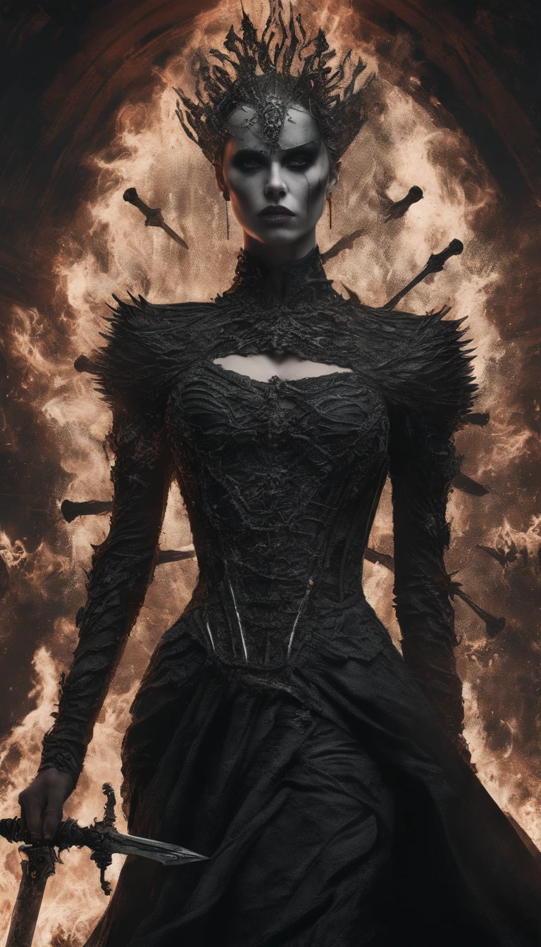 cure, Charlize Theron, Goddess of Death, Greek mythology, Scarlet witch with a tiara with multiple blades on her head, Charlize Theron, Goddess of Death, Skull Necklace, In a dress with skulls and blades, Art in the style of Guviz, ross tran 8 k, The beautiful imagination of the Empress, 8k high quality detailed art, Highly detailed digital art in 4k, Portrait of the Queen of Darkness, Wielding Multiple Sharpened Swords, Background to Ashes and Fire, Small Coal Hot Spots in the Background, gown, made up of skulls and blades,