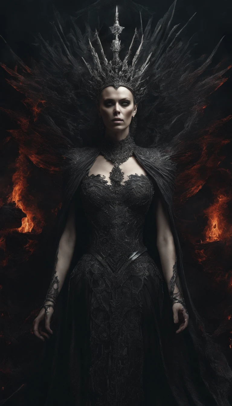 cure, Charlize Theron, Goddess of Death, Greek mythology, Scarlet witch with a tiara with multiple blades on her head, Charlize Theron, Goddess of Death, Skull Necklace, In a dress with skulls and blades, Art in the style of Guviz, ross tran 8 k, The beautiful imagination of the Empress, 8k high quality detailed art, Highly detailed digital art in 4k, Portrait of the Queen of Darkness, Wielding Multiple Sharpened Swords, Background to Ashes and Fire, Small Coal Hot Spots in the Background, gown, made up of skulls and blades,