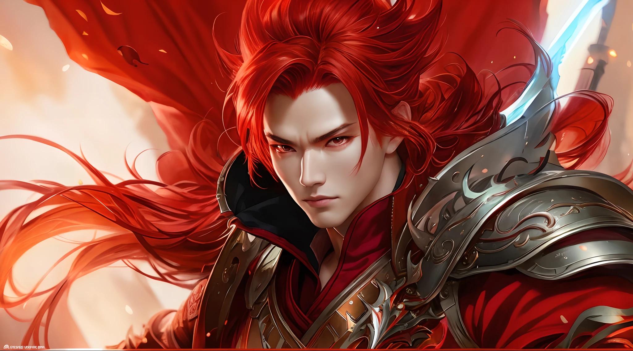 a close up of a person with red hair and a sword, by Yang J, heise jinyao, sylas, handsome guy in demon slayer art, bian lian, g liulian art style, ruan jia and artgerm, artgerm and ruan jia, xianxia hero, chengwei pan on artstation, inspired by Li Kan