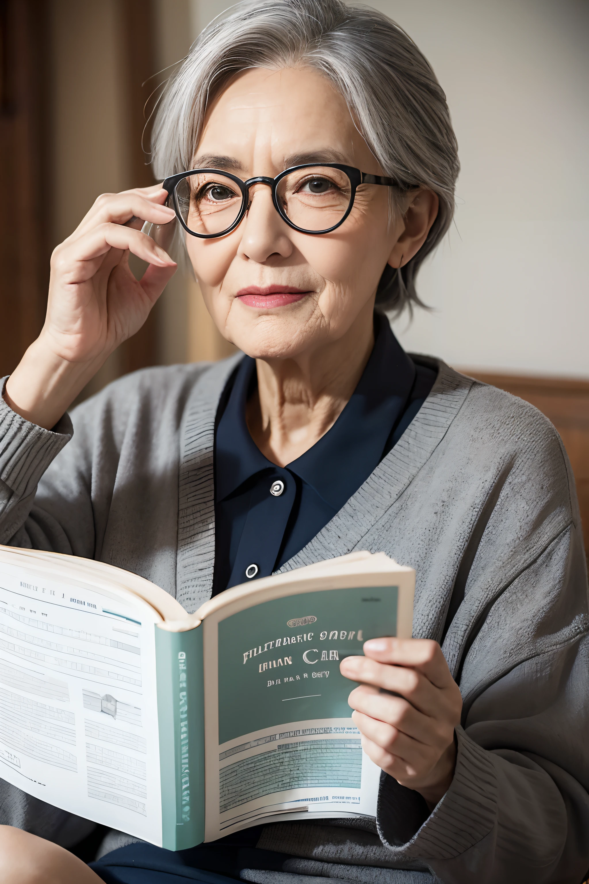 A gray-haired, wise old grandmother,With reading glasses,The spirit is very good