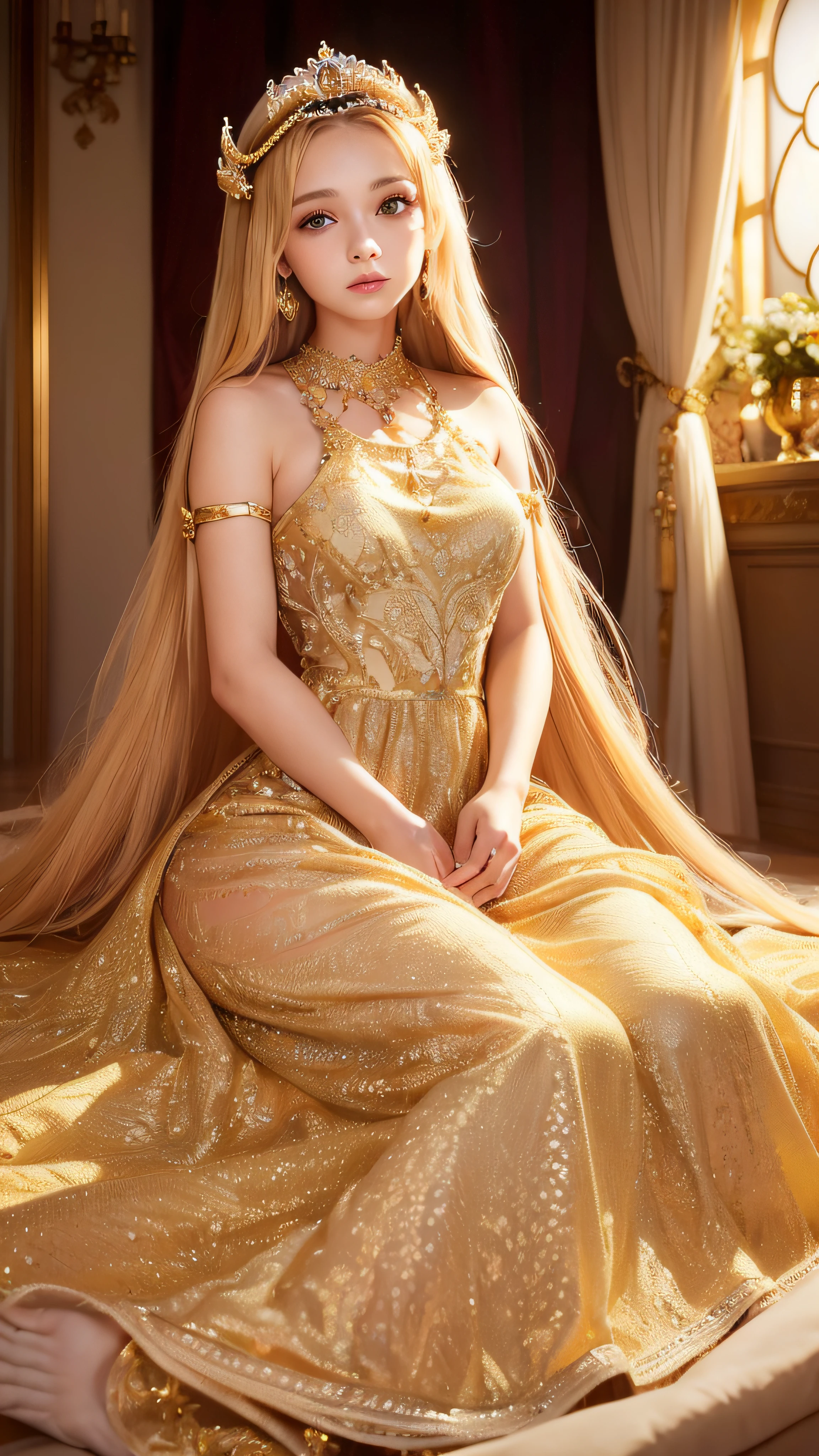 4K ulta hd, masterpiece, 1 girl, good face, very long hair, hair ornament, light makeup, detailed eyes, small round breast, ultra detailed clothes,  (golden princess dress:1.5), lace:1.5, (shining dress:1.8), strap dress, necklace, jewellery, amazing balcony background, morning, sitting