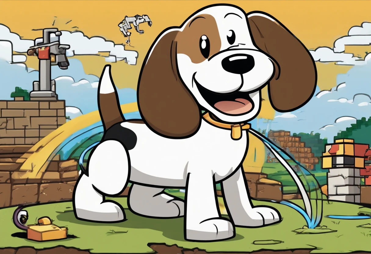 Snoopy style: a female dog, black, white and brown. Beagle, playing with a hose in his mouth, with a happy face. Sunny day. Snoopy style cartoon drawn by Charles M Schultz. Dog brown face and ears. Dog back is black with paws in white