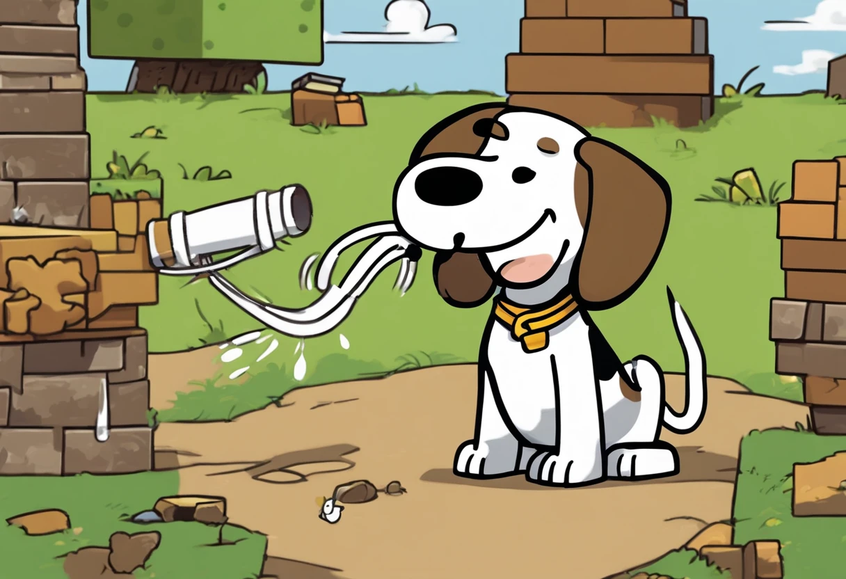 Snoopy style: a female dog, black, white and brown. Beagle, playing with a hose in his mouth, with a happy face. Sunny day. Snoopy style cartoon drawn by Charles M Schultz. Dog brown face and ears. Dog back is black with paws in white