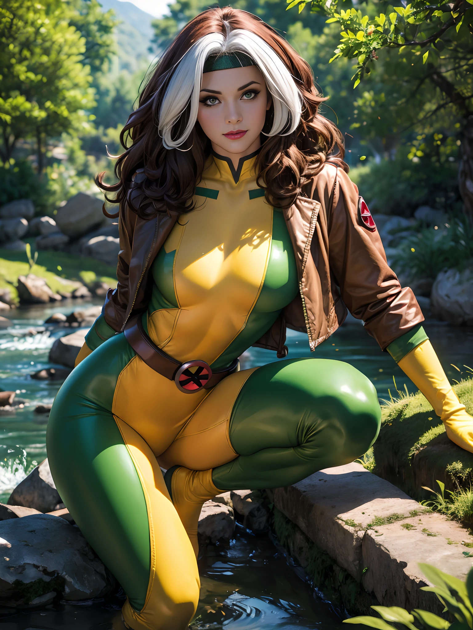 (masterpiece:1.0), (best_quality:1.2), Classic Rogue, 1991 Rogue X-Men, 1 girl, Only, full body view, looking down at viewer, medium length hair, brown hair, wavy hair, messy hair, one lock of white hair, headband, green eyes, mischievous look, smirking, parted lips, curvy figure, medium to large breasts, lipstick, makeup, jacket, gloves, belt, yellow gloves, green bodysuit, multicolored bodysuit, skin tight, open jacket, multicolored clothes, (realism: 1.5), (Realistic: 1.4), (Absurdity:1.4), 8k, ultra-detailed, Detailed Beautiful Woman, (only:1.4), 1girl, background of southern plantation, stone walls, stone walkways, flowing stream, wisteria, moss in the trees, deep blue sky, white fluffy clouds, pastoral setting, countryside, rural, official art, character accurate clothing, extremely detailed CG unity 8k wallpaper, perfect lighting, Colorful, ultra high res, photography, 8K, HDR, Kodak portra 400, film grain, blurry background, (bokeh:1.2), (vibrant_color:1.2), professional photograph