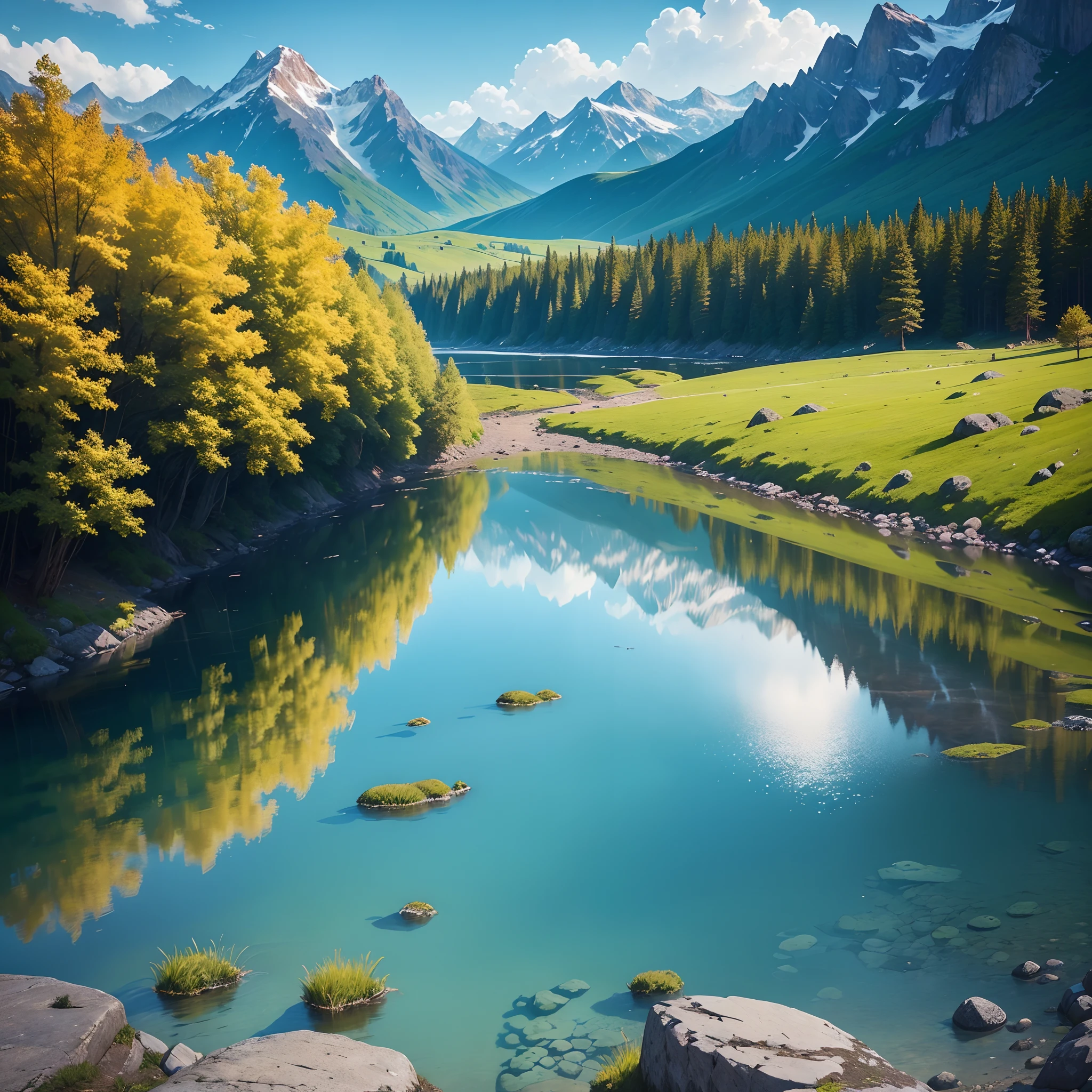 "Generate a stunning and serene natural landscape with vibrant colors, where a crystal-clear river winds its way through a lush, rolling meadow surrounded by majestic mountains. The scene should evoke a sense of tranquility and awe, with the perfect balance of sunlight and shadow. Use your creativity to bring this breathtaking scenery to life through