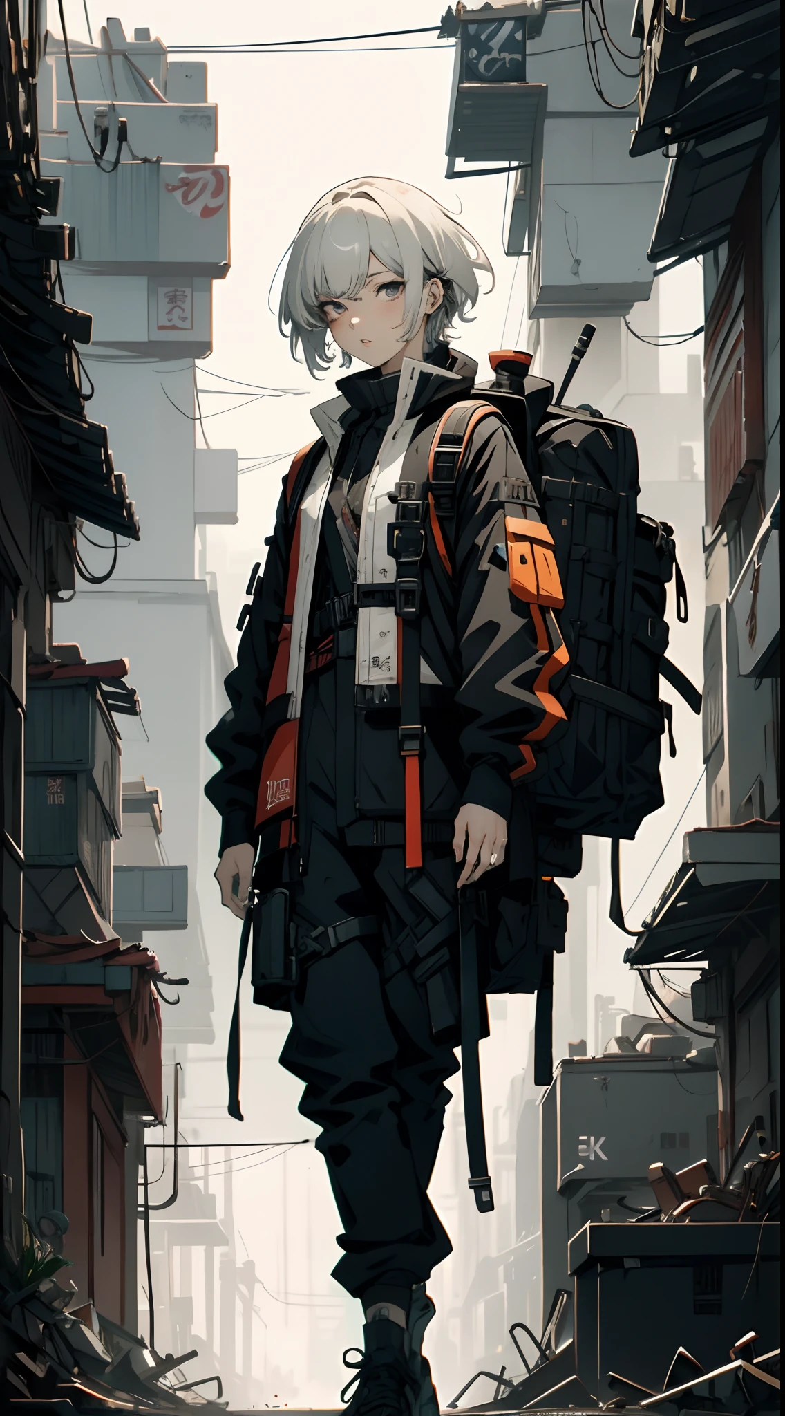 anime - style image of a woman with a sword and a backpack, guweiz, badass anime 8 k, wearing japanese techwear, artwork in the style of guweiz, anime style 4 k, e-girl, e - girl, cyberpunk streetwear, from arknights, anime style. 8k, digital cyberpunk anime art, short white hair, asymmetrical bangs, insanely detailed face and eyes, Perfect lips, (Full body photo), dramatic, cinematic lighting, fine expression, fine detail, cyberpunk art, illustration, masterpiece, drawing, anime art, in the style of Yusuke Murata.