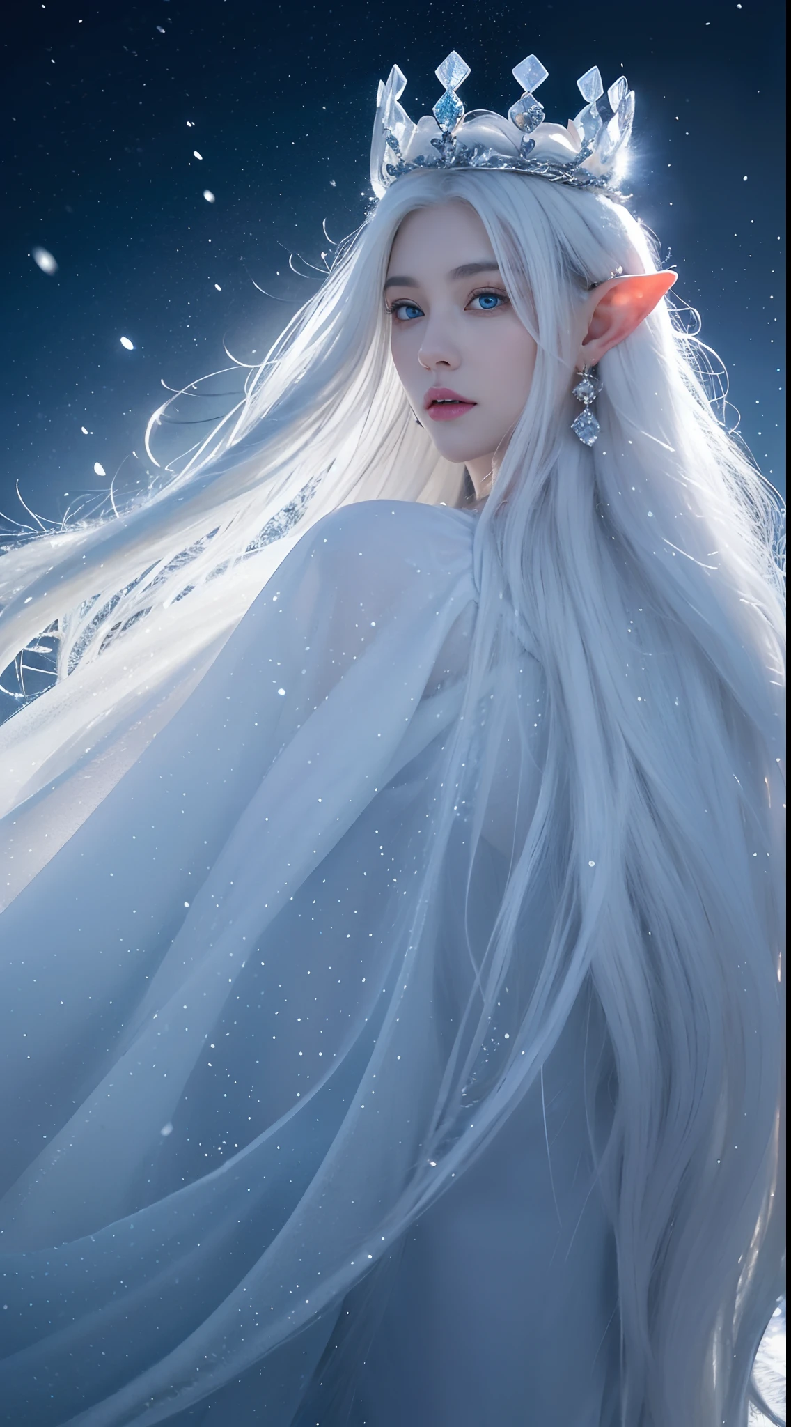 (( Elf girl with long white hair, blue eyes, good shape, long white dress, cape, ice crown, ice earrings )), (( Riding on the back of a large thick white-haired wolf Fierce, scary, majestic. )), full body image, Look at the camera., Front camera angle: Wild, Cold Weather, snow, snowfall, Snow droplets, Snow in the air, cinematic scene, Magic, Snow Magic, fantasy, mythology, decoration, diffused lighting, moon light, moon, (Ice magic on hand ), ( Release the ice from your hands. ), ( Ice aura around you ), ( Ice effect on the body ),