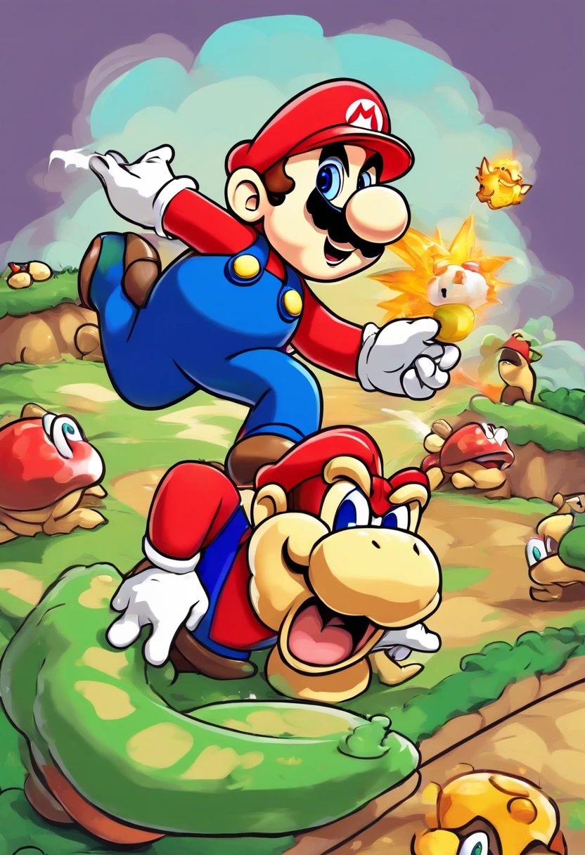 Mario killing Lugi with Bowser dead in the background a Toad Running away scared