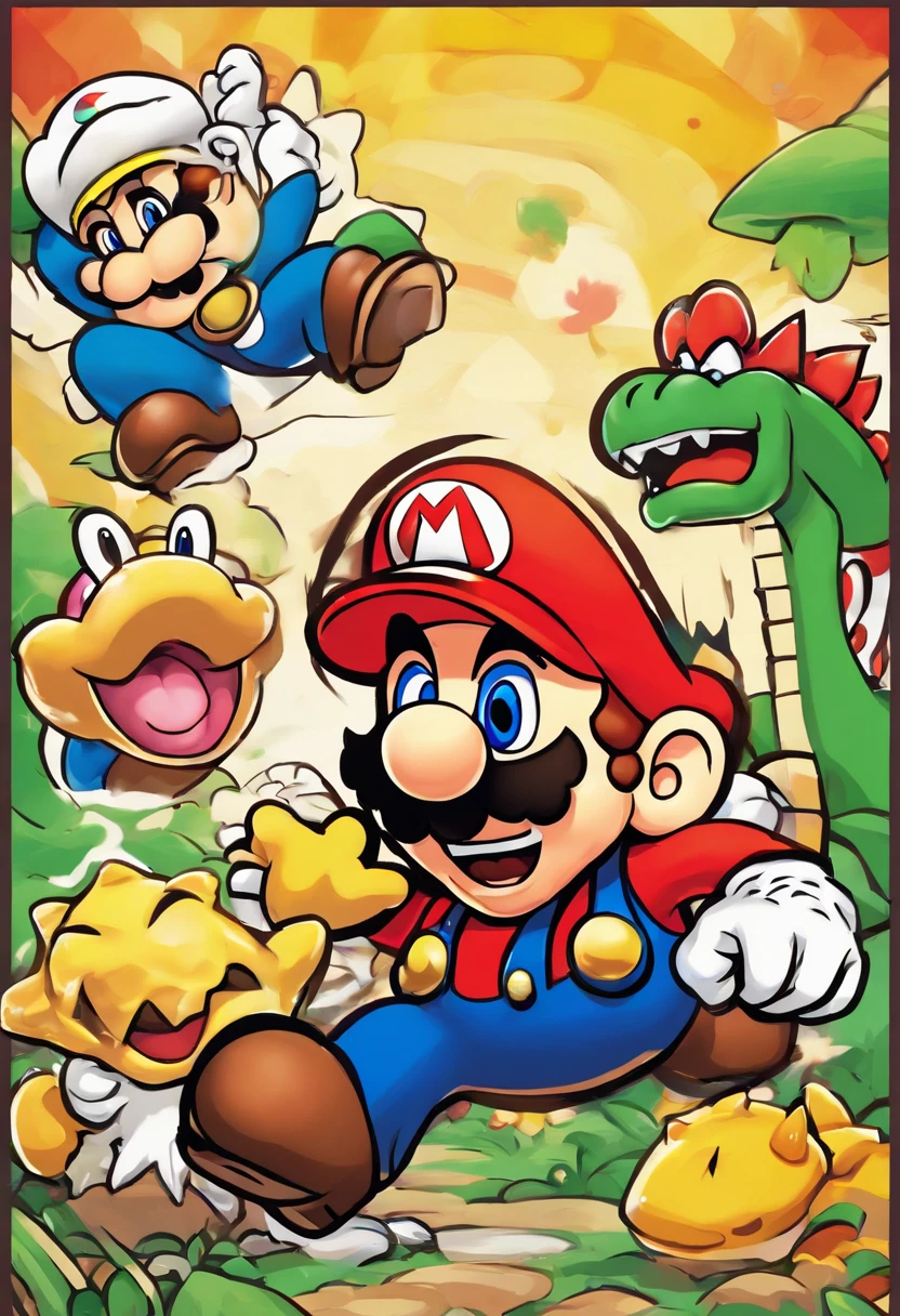 Mario killing Lugi with Bowser dead in the background a Toad Running away scared