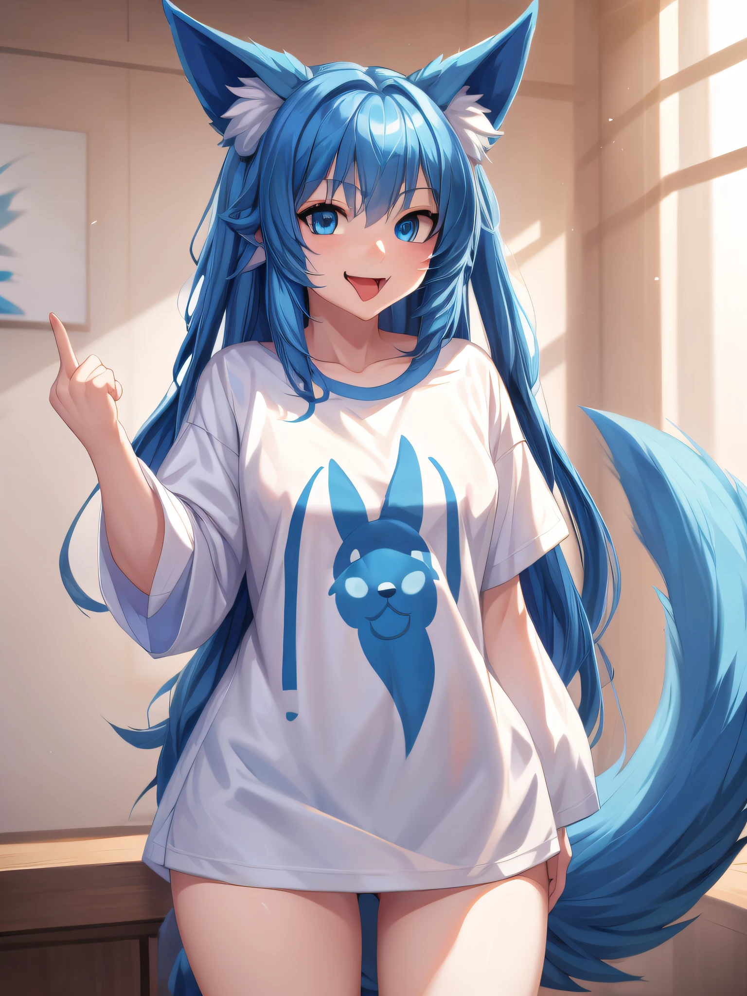 (Masterpiece) (High Detail) (High Res) A short humanoid girl with pale human skin and blue eyes and long blue hair and blue dog ears and a big fluffy dog tail wearing just a baggy oversized white t-shirt and holding up her middle finger to the viewer, and poking out her tongue.