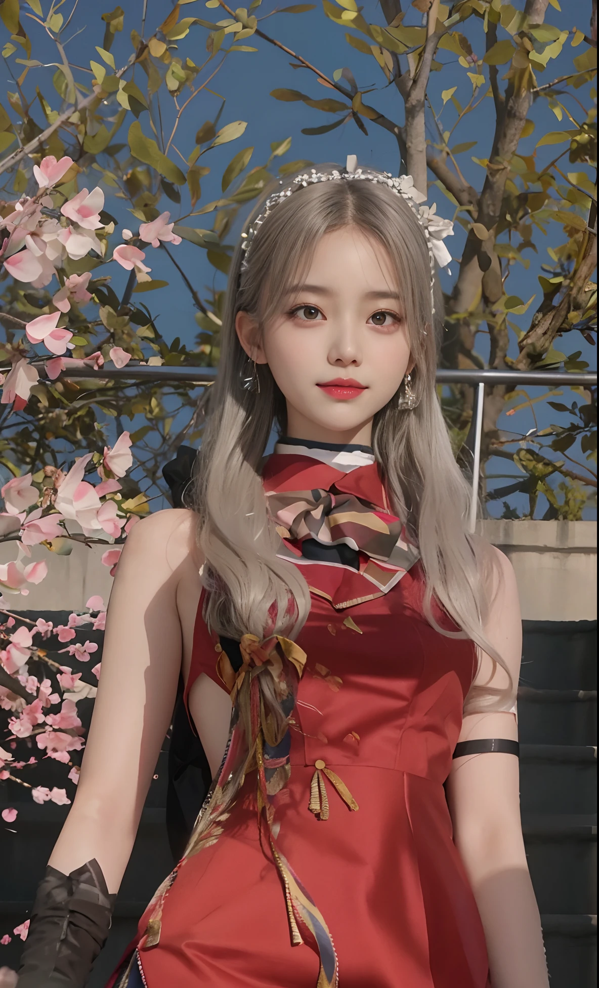Gray eyes, Korean school uniform, summer school uniform shirt, ribbon tie, skirt, bright blonde, school stairs, going down school stairs, chest thrusting pose, chest bragging pose, 8k raw photo, high resolution, cool Korean at 16 years old, very big round breasts, beautiful eyes in detail, long eyelashes, beautiful double eyelids, eyeshadow, eyeliner, slender eyes, elongated eye shape, Sanpaku eyes, evil smile, evil look, beautiful very thin legs, beautiful very thin thighs, random medium hair, hair tied behind the head, earrings,