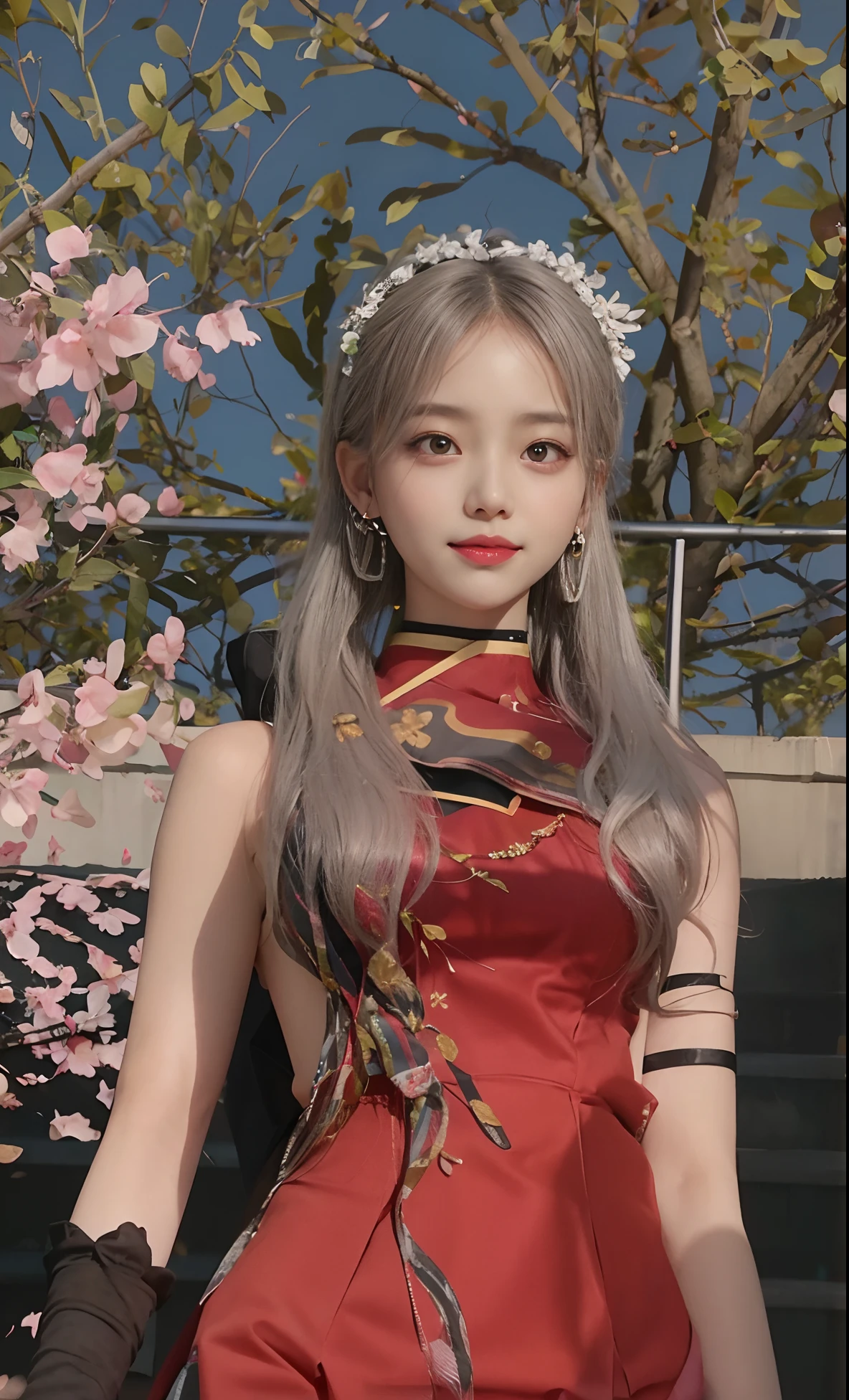 Gray eyes, Korean school uniform, summer school uniform shirt, ribbon tie, skirt, bright blonde, school stairs, going down school stairs, chest thrusting pose, chest bragging pose, 8k raw photo, high resolution, cool Korean at 16 years old, very big round breasts, beautiful eyes in detail, long eyelashes, beautiful double eyelids, eyeshadow, eyeliner, slender eyes, elongated eye shape, Sanpaku eyes, evil smile, evil look, beautiful very thin legs, beautiful very thin thighs, random medium hair, hair tied behind the head, earrings,