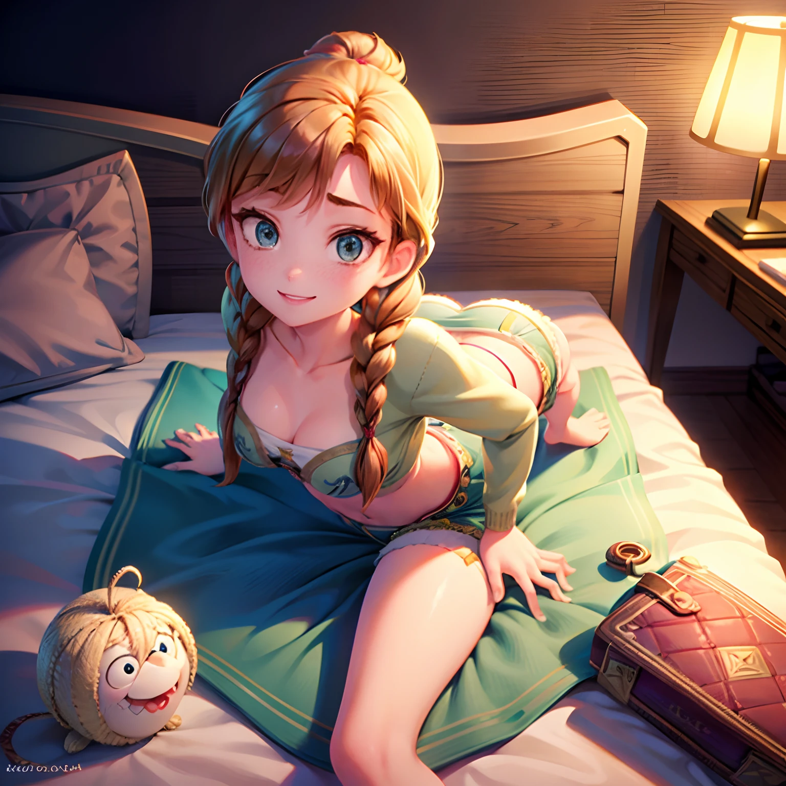 One girl, Anna from Disneys frozen as a young woman all alone in real life alone wearing very short pajama shorts and blank solid low cut colored crop top knit sweater,brookemonk, avagrace, showing off her curves and smiling, sexy, beautiful girl, innocent, cleavage, low cut tops, twin braids, all alone, bending down to show off her ass to the camera, clear eyes, lying in bed
