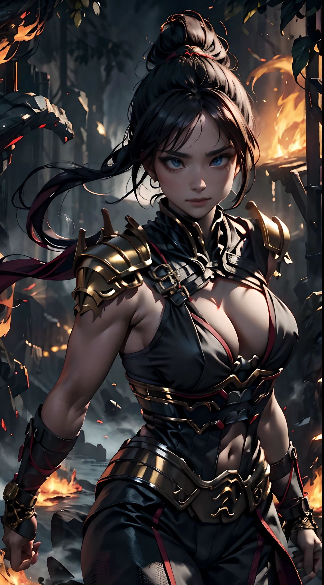 A cinematic marvel: Mortal Kombat's Scorpion Emerges in Ultra Hyper-Realistic Glory in Unreal Engine 5, female, cleavage, sideboob, mask, Adorned in resplendent modern royal attire that shimmers with intricate golden threads and luxurious textured fabrics. Her eyes shine like fire, casting an unearthly glow while wielding flames in legendary combat, creating a mesmerizing spectacle of power and elegance. Cada detalhe, from the strands of her burning mane to the ethereal smoke that curled around her, is captured in stunning ultra-high 8K detail, transporting you to a realm where myth and reality intertwine."