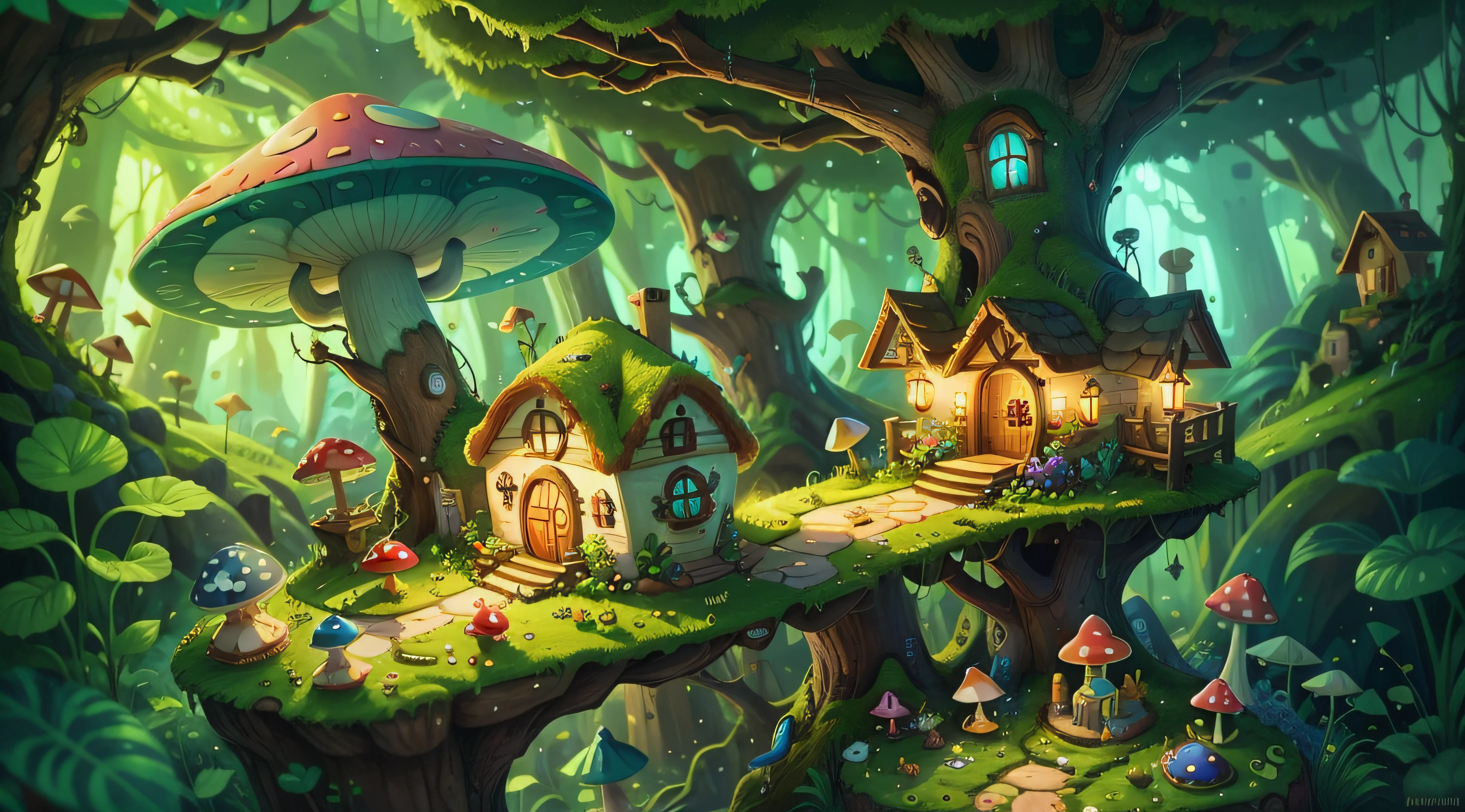 A fairyland-like hideaway，Colorful mushroom house，a fairy world