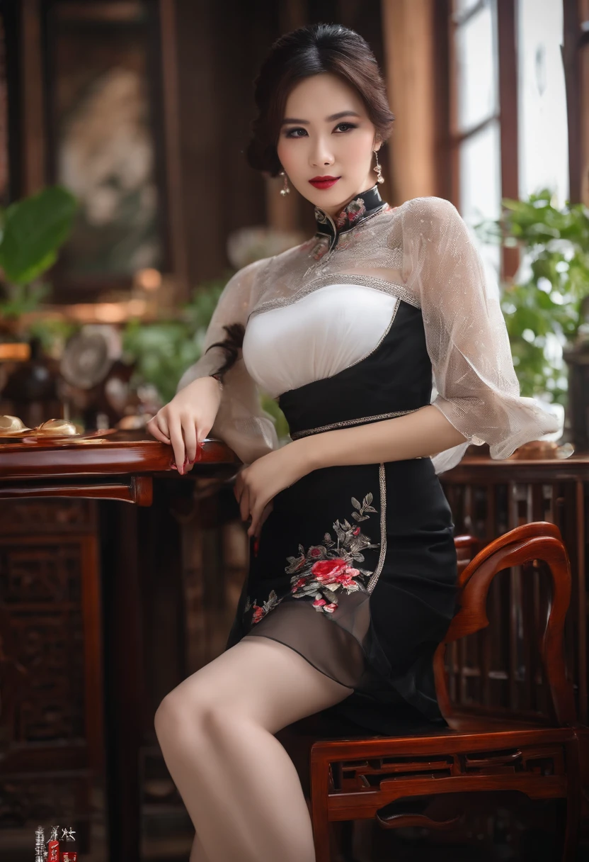 Beautuful Women，Chinese big breasts，black lence stockings，Sheer maroish skirt，Lying on the table，seductive appearance，White pedicure