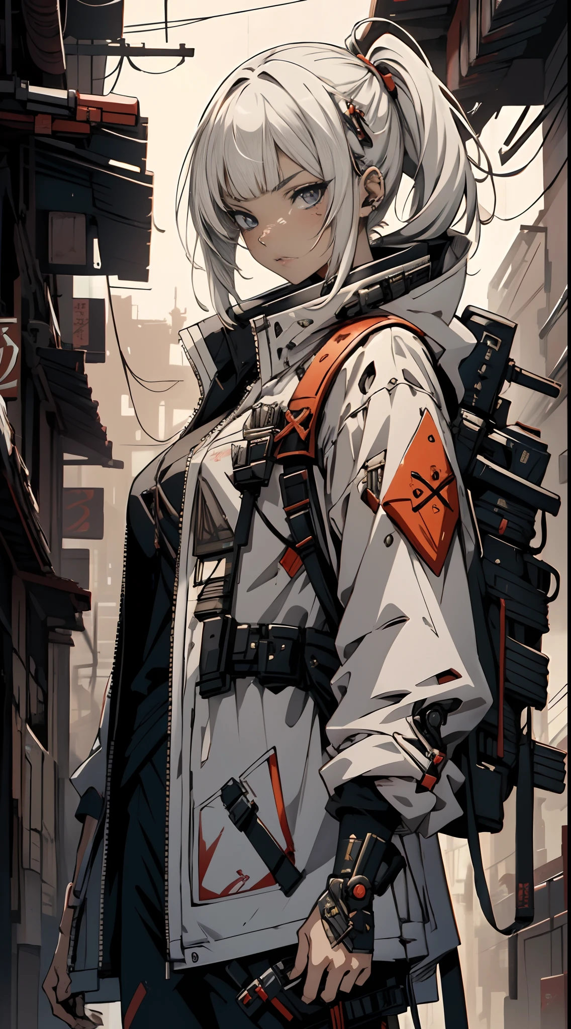 anime - style image of a woman with a sword and a backpack, guweiz, badass anime 8 k, wearing japanese techwear, artwork in the style of guweiz, anime style 4 k, e-girl, e - girl, cyberpunk streetwear, from arknights, anime style. 8k, digital cyberpunk anime art, short white hair, asymmetrical bangs, insanely detailed face and eyes, Perfect lips, (Full body photo), dramatic, cinematic lighting, fine expression, fine detail, cyberpunk art, illustration, masterpiece, drawing, anime art, in the style of Yusuke Murata.