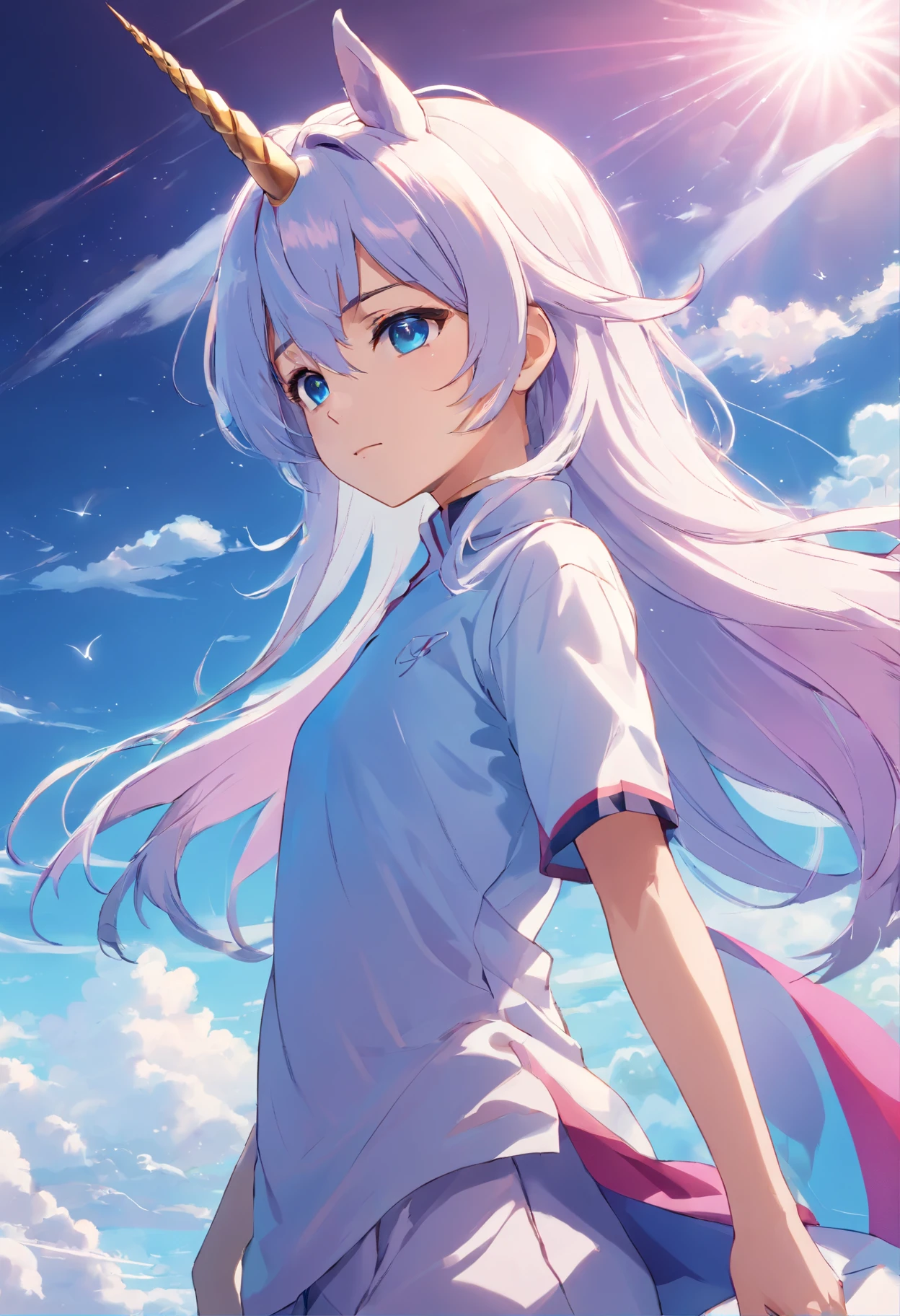 Giant unicorn boy,beautiful face,Long white hair,Black eyelashes,Blue pupil,The lower body is a white horse,Horse body and human head,Stand in the clouds,Overlooking the feet,