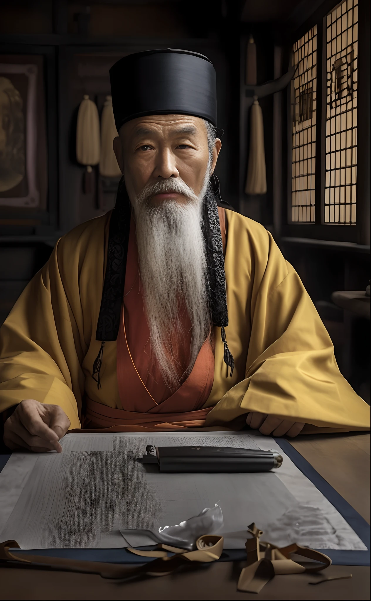 The wise old man with a long white beard sat next to a piece of paper，Taoist，Taoist master，Daoism，portrait of monk，inspired by Wu Daozi