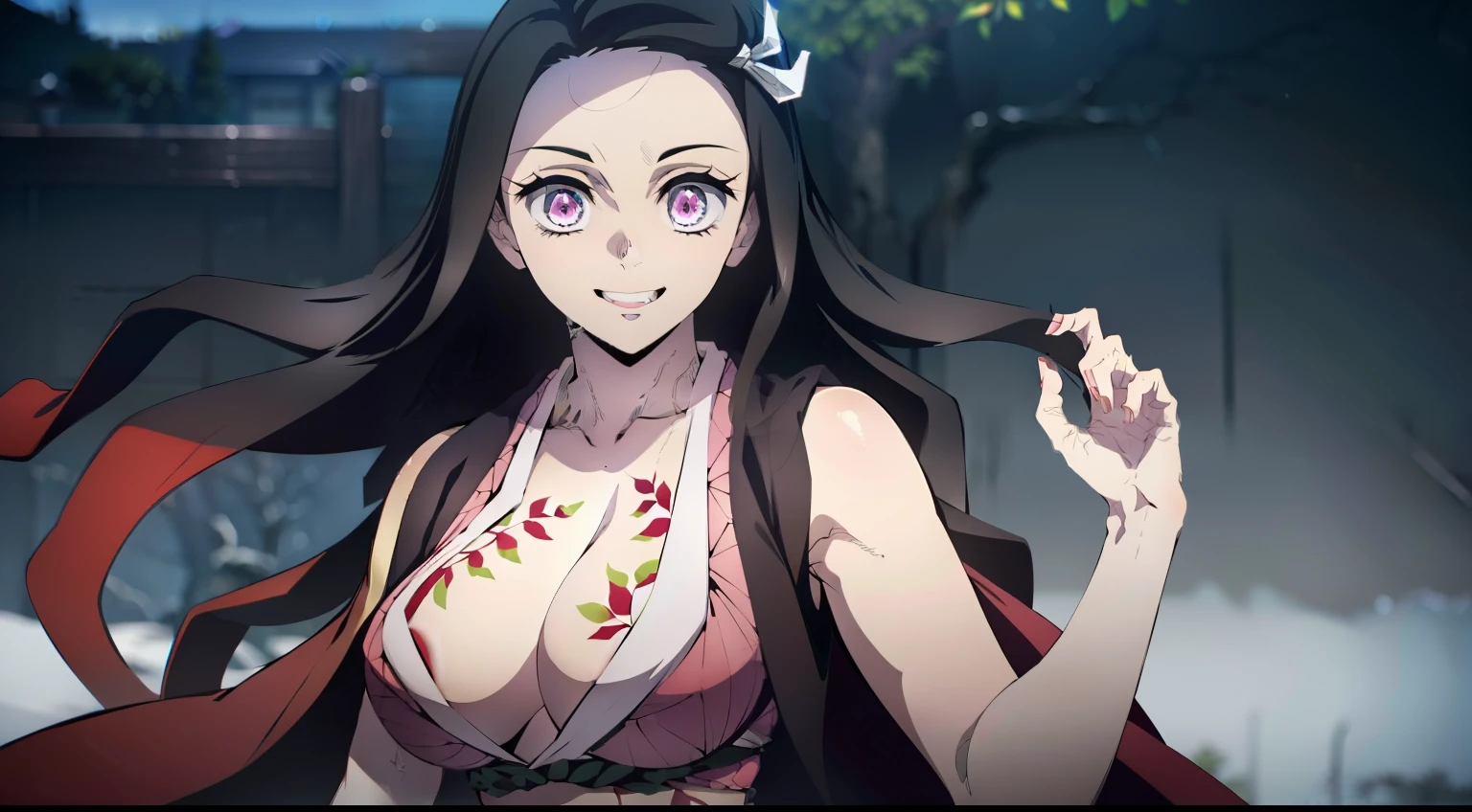 Erotica, Very sexy ass, waist, legsupms, Extraordinarily beautiful composition, erotic pose, (Body Full 1.1.), ultra sharp image, Beautiful figure, Gloomy sexy pose background, in full height, ssmile, Adorable smile, stands sideways, ultra detail face, Ultra Transparent, Nezuko Kamado from Demon Slayer, ultra sharp image, Ultra Beautiful, lovely small breasts. black  hair, Transition to red, Japanese bath, Beautiful figure, taut clothes, black cape on pink kimano, big breastes, Smiling, green colored eyes, handsome body, sexy clothes, Beautiful eyes, very detailed eyes, Very detailed face, handsome body, Cherecter Desing, Sex position, Very detailed, Detailed body, Detailed hands, Detailed, Vibrants, Detailed Face, sharp-focus, WLOP, artgerm, anime art, Vibrants, Detailed Face, Hugh Details, sharp-focus, Very drooping face, A detailed eye, super fine illustration, better shadow, finely detail, Beautiful detail