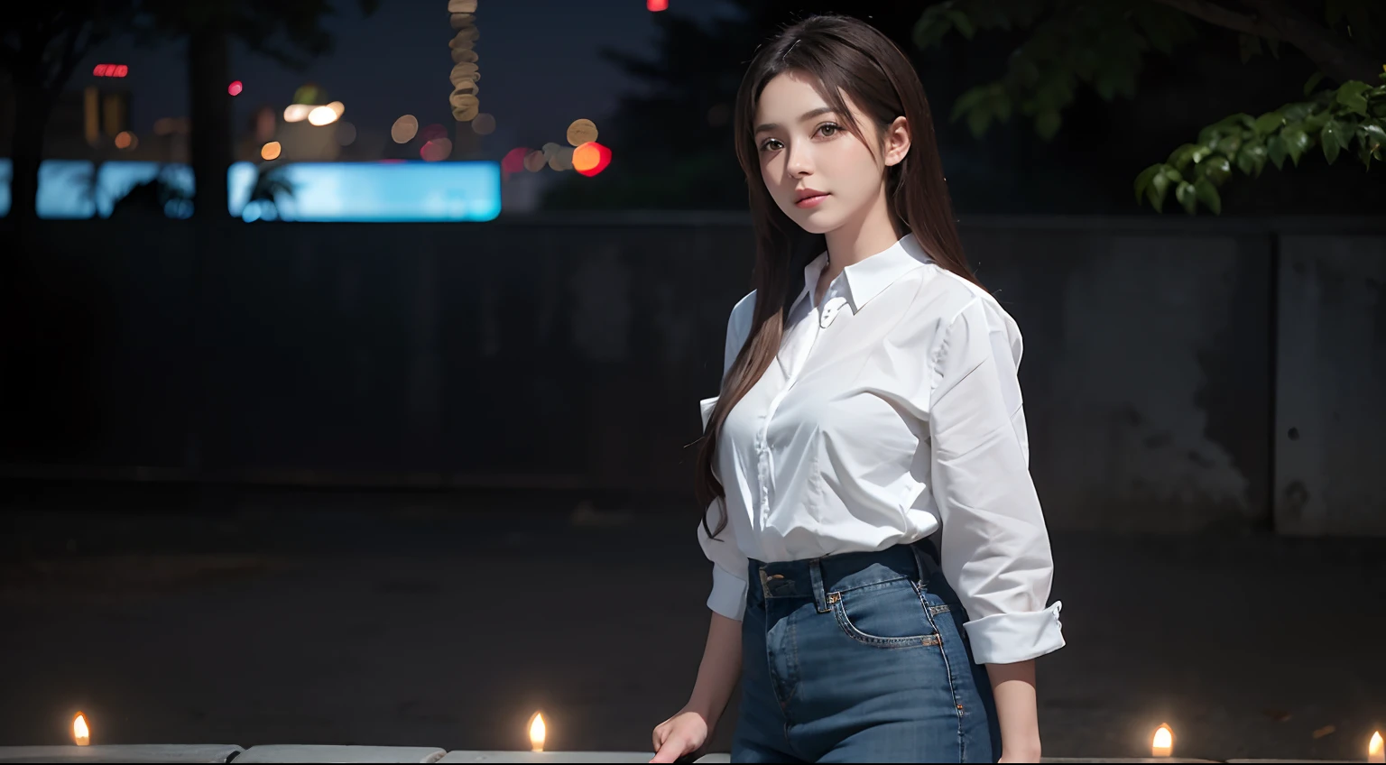 (8K, Raw photo, Best Quality, masutepiece:1.2), (Real, Realistic:1.4), (High Quality 8K Wallpaper), Sharp Focus, depth of fields, Background blur, Bokeh, Film Lighting, Soft light, 29yo, One Woman, standing against the wall， Pretty actress, tokyo prefecture, Night, neons, Authentic portrait, Polo Shirt Long Skirt, Denim skirt, Portrait, reality. Long hair, female idol, Korean Makeup. (12K Rendering).