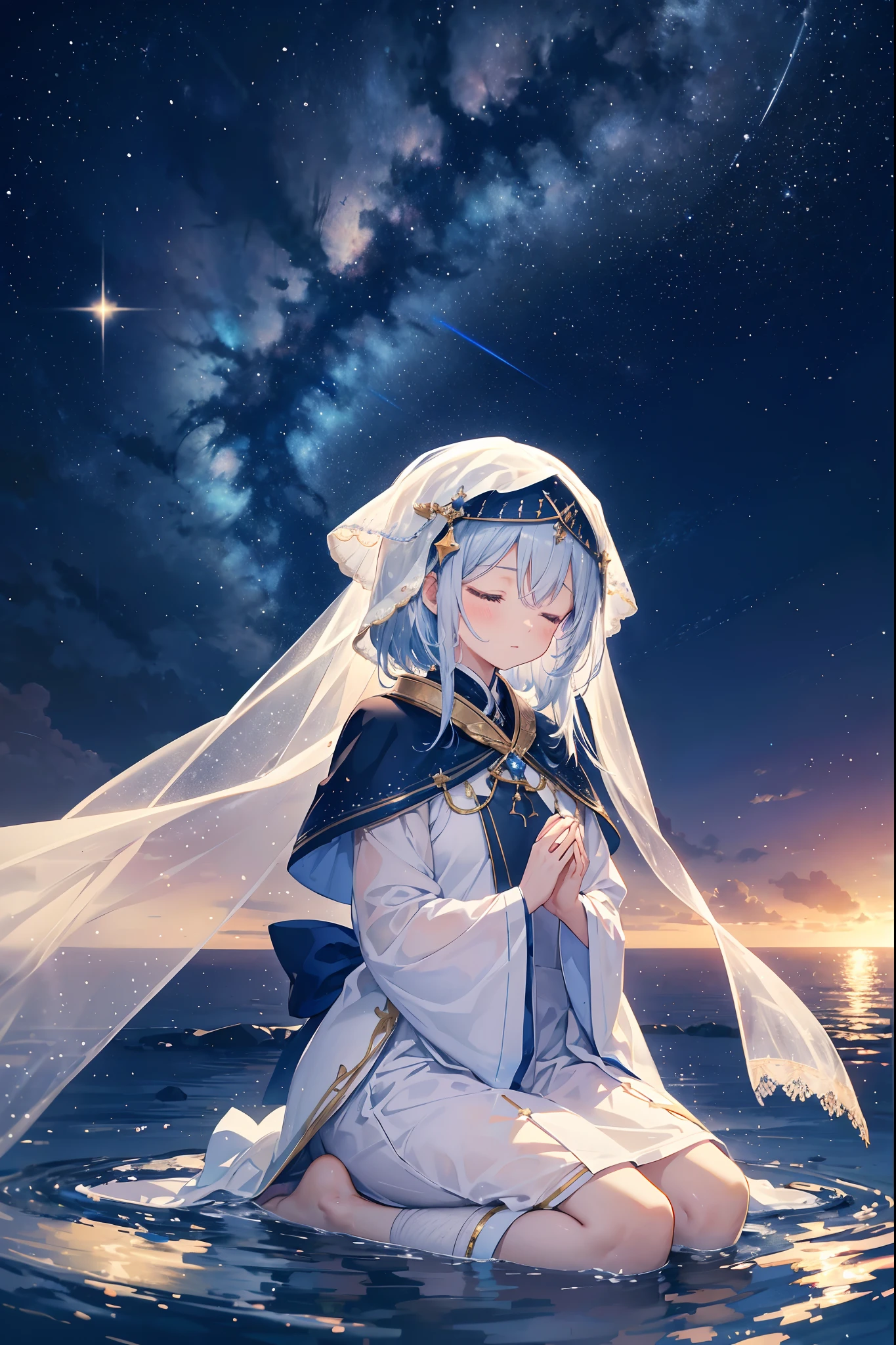 Under the beautiful starry sky, A saint wearing a white veil was praying with his eyes closed. There was a beautiful surface of water at my feet.

The saint looks up at the beautiful starry sky、I hoped that my prayers would be answered. She、To make this world a more beautiful and peaceful place、I wanted to use the power I had.