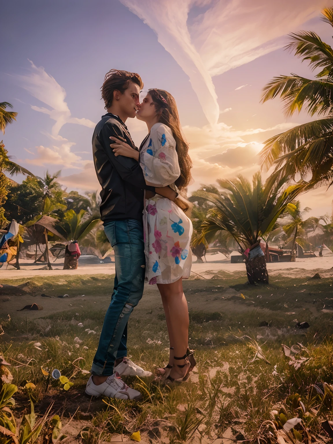 Chenge background beach cyberpunk handsome beautiful boy girl realistic face, 8k, ultra realistic