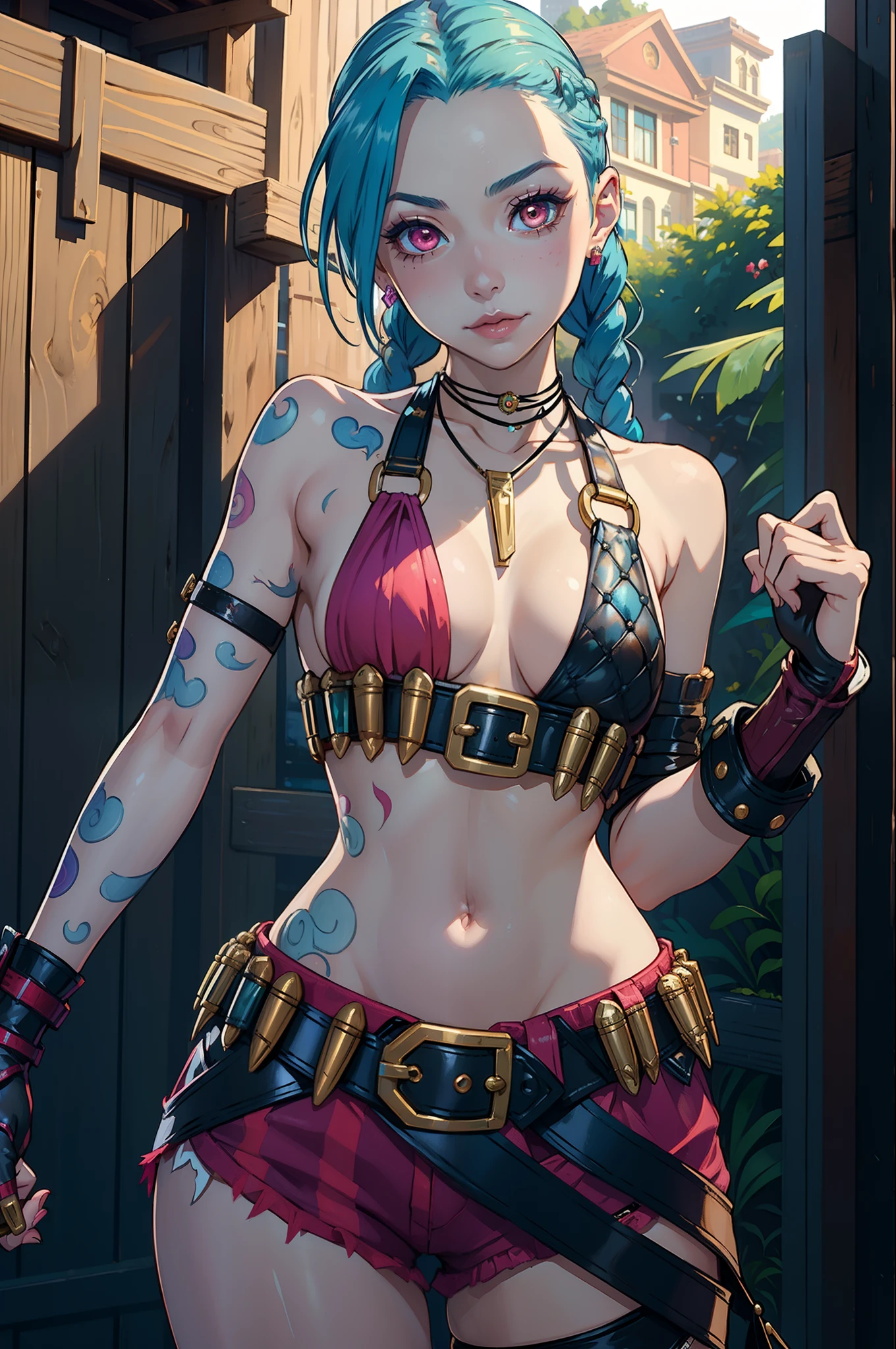 (masterpiece, best quality:1.2), intricate details,  jinx \(league of legends\), 1girl, twin braids, single elbow glove, short shorts, bikini top only, necklace, belt, bullet, fingerless gloves, upper body, potrait, outdoors
