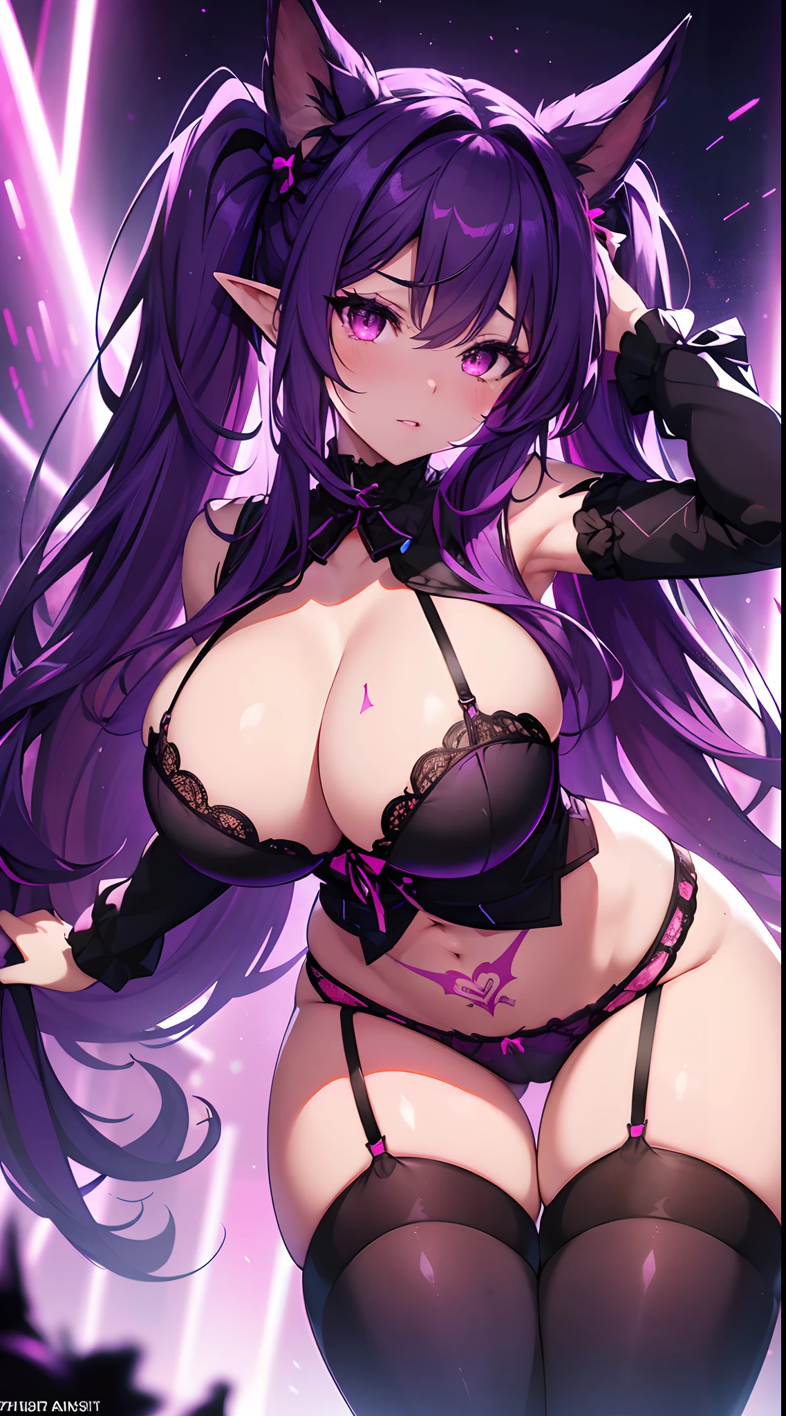 detailed face, 4k, Y2K clothing, purple twin tails, massive tits, , idol, masterpiece for eyes, long lashes, juicy lips, highlights in eyes, elf ears, tattoos, milf, pink panties, pink bra, HD lighting and dark )<=(epic image quality)dark atmosphere with bright particle light(many effects in background)d