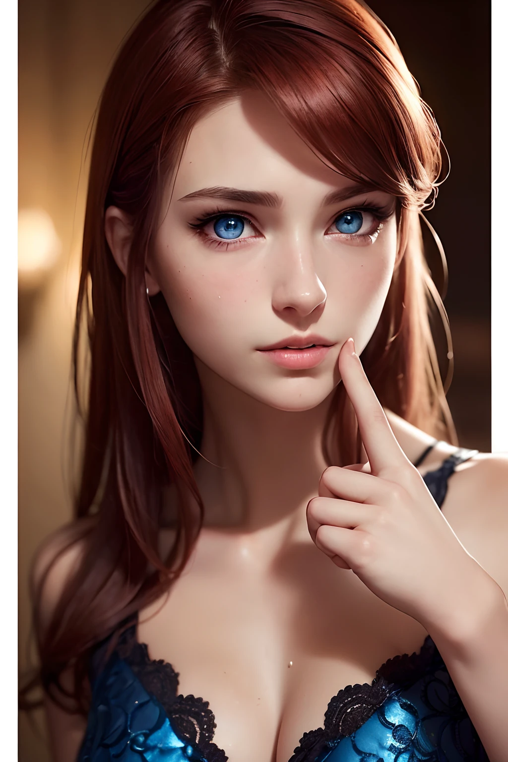 high quality fingers, normal hands, detailed fingers,masterpiece, (realistic, photo-realistic:1.37), (22 years old woman), katarina from league of legends, medium breast, small waist, dark red hair, blue eyes, beautiful face, perfect illumination, beautiful detailed eyes,looking at viewer, stunningly beautiful woman, detailed hairstyle, detailed background,shorts, detailed fantasy background, (sweat:1)