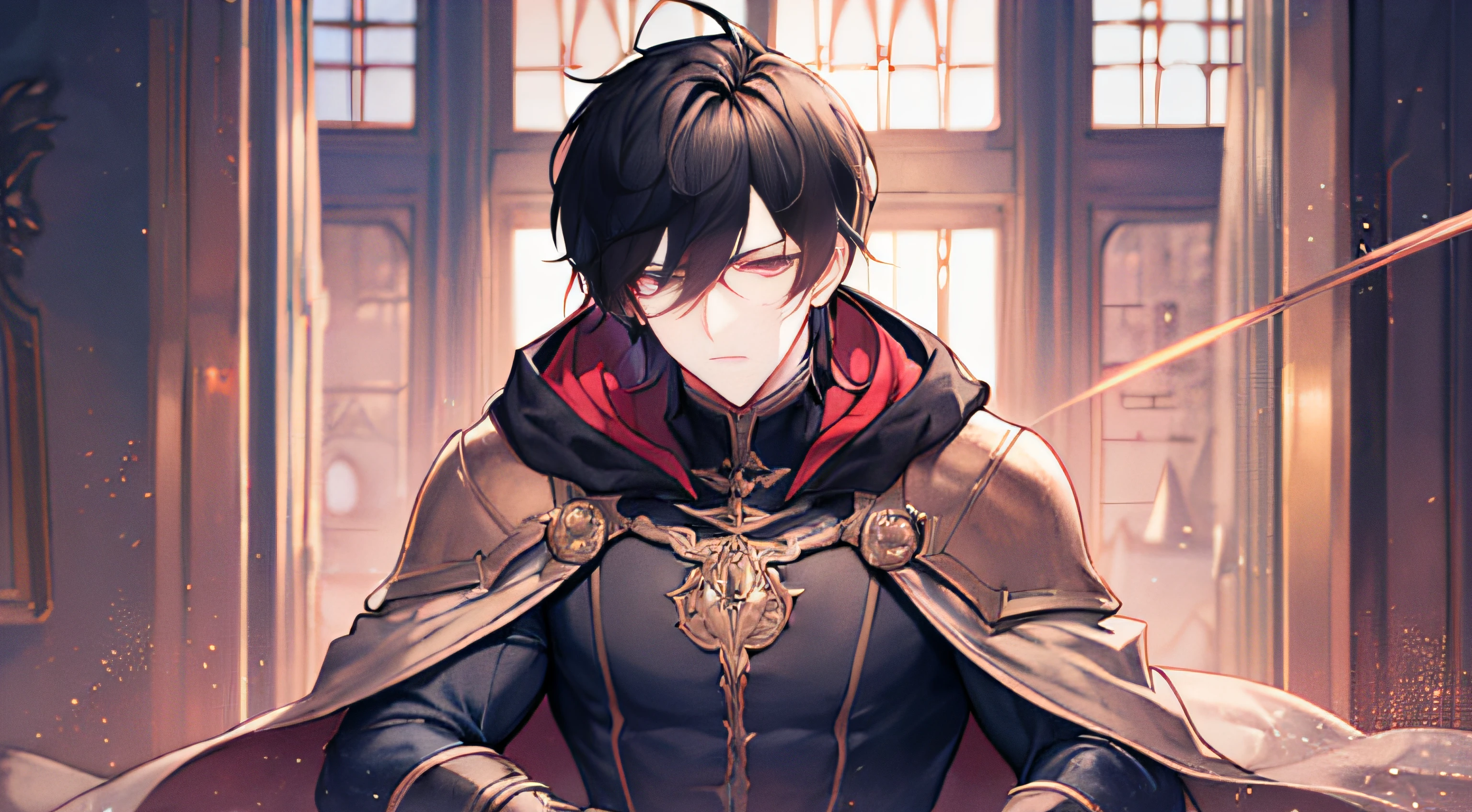 (absurdres, highres, ultra detailed), 1 male, adult, handsome, high muscular face, broad shoulders, finely detailed eyes, short black hair, brown eyes, black cloak, wearing a hood, leather vest, leather bag at the waist, 2 daggers on the belt, castle, medieval atmofera, natural light and shadow, There are bright particles flying around the man, fantastic, mysterious, bright glow,  seated pose, serious expression, cold, thoughtful, mouth shut