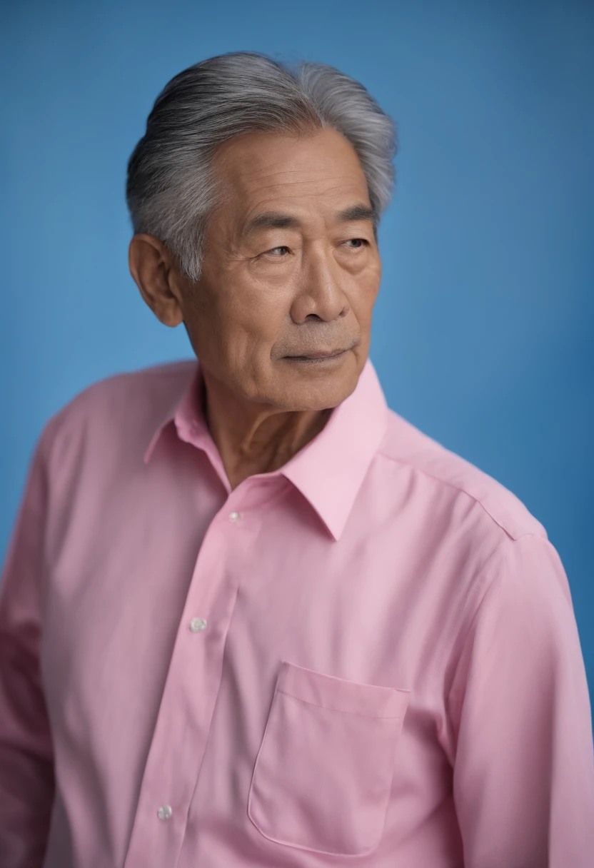 Close-up of a man in a pink shirt with a blue background., Chiba Yuda, he is about 7 0 years old,, He is about 70 years old., He is about 70 years old., Blue backdrop