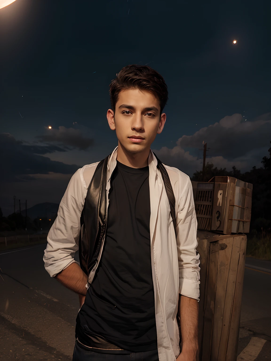 Midnight road side background. With realistic face handsome boy ai art