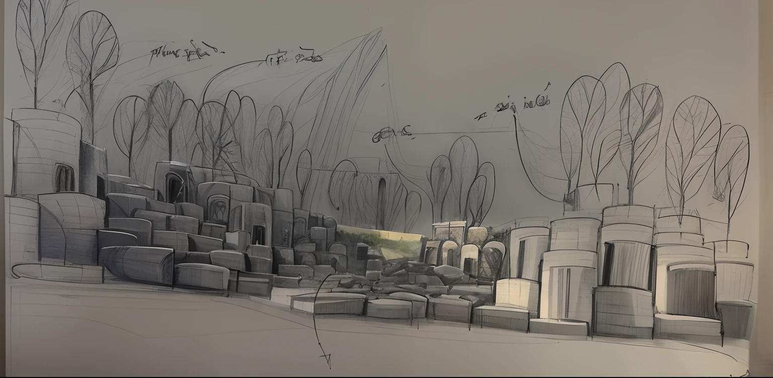 sketches of a drawing of a city with tall buildings and trees, concept drawing, concept art sketch, studio ghibli smooth concept art, concept art!, concept art!!, concept sketch, movie environment design, concept art, concept art, inspired by Peter Zumthor, concept art for movie, concept piece, conceptart, rendering of log pile factory, concept art highly detailed