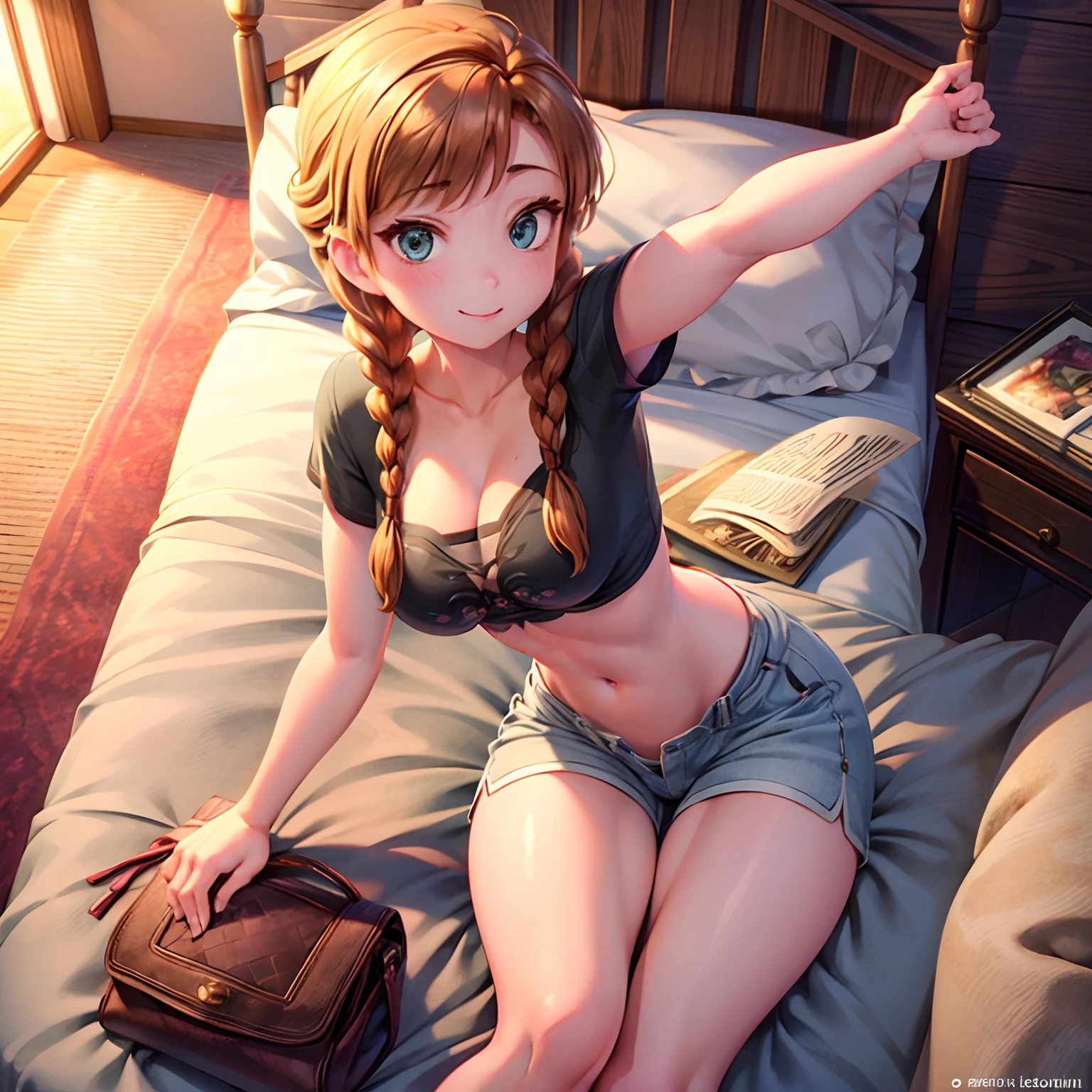 One girl, Anna from Disneys frozen as a young woman all alone in real life alone wearing very short pajama shorts and blank solid low cut colored crop top knit sweater,brookemonk, avagrace, showing off her curves and smiling, sexy, beautiful girl, innocent, cleavage, low cut tops, twin braids, all alone, bending down to showing off her breasts to the camera, clear eyes, lying in bed