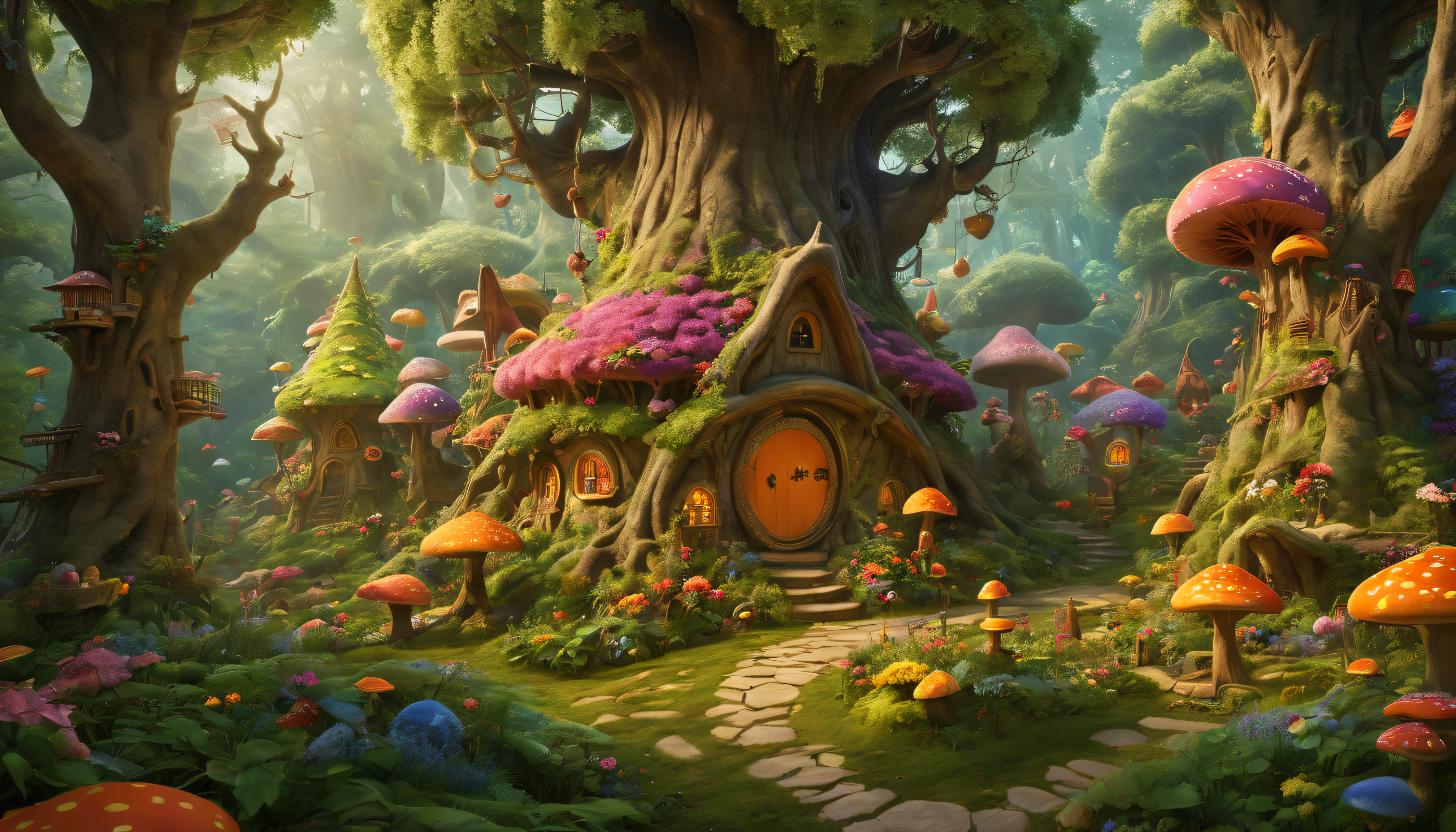 (Mysterious fantasy forest，Dense trees，A strange and cute little tree:1.5)，Hobbit Cottage, It is vividly depicted in the work (Best quality, 8K, Advanced resolution, Masterpiece: 1.2), With ultra-detailed detail， (1.4x realism, Photorealistic: 1.37). This dream forest is made up of bright colors，bathed in the warm glow of the sun, Create a cheerful and whimsical atmosphere. The house is designed with great attention to detail, With a complex design and unique architecture, Similar to a mushroom-shaped house。 (This fantastic forest is surrounded by lush greenery and colorful flowers), Elevate a captivating and magical environment。 The artwork showcases an illustrative style, Inspired by children's book illustrations, Ensures a glamorous and nostalgic touch. The color palette consists of bright rainbow colors, Seven colors，Evoke feelings of joy and playfulness. Lighting accentuates the picturesque scene, Soft and warm shadows are created，Adds depth and warmth to the artwork. Every detail is impeccablely presented, creating a visually stunning masterpiece，Capture the essence of Fantasy Forest.