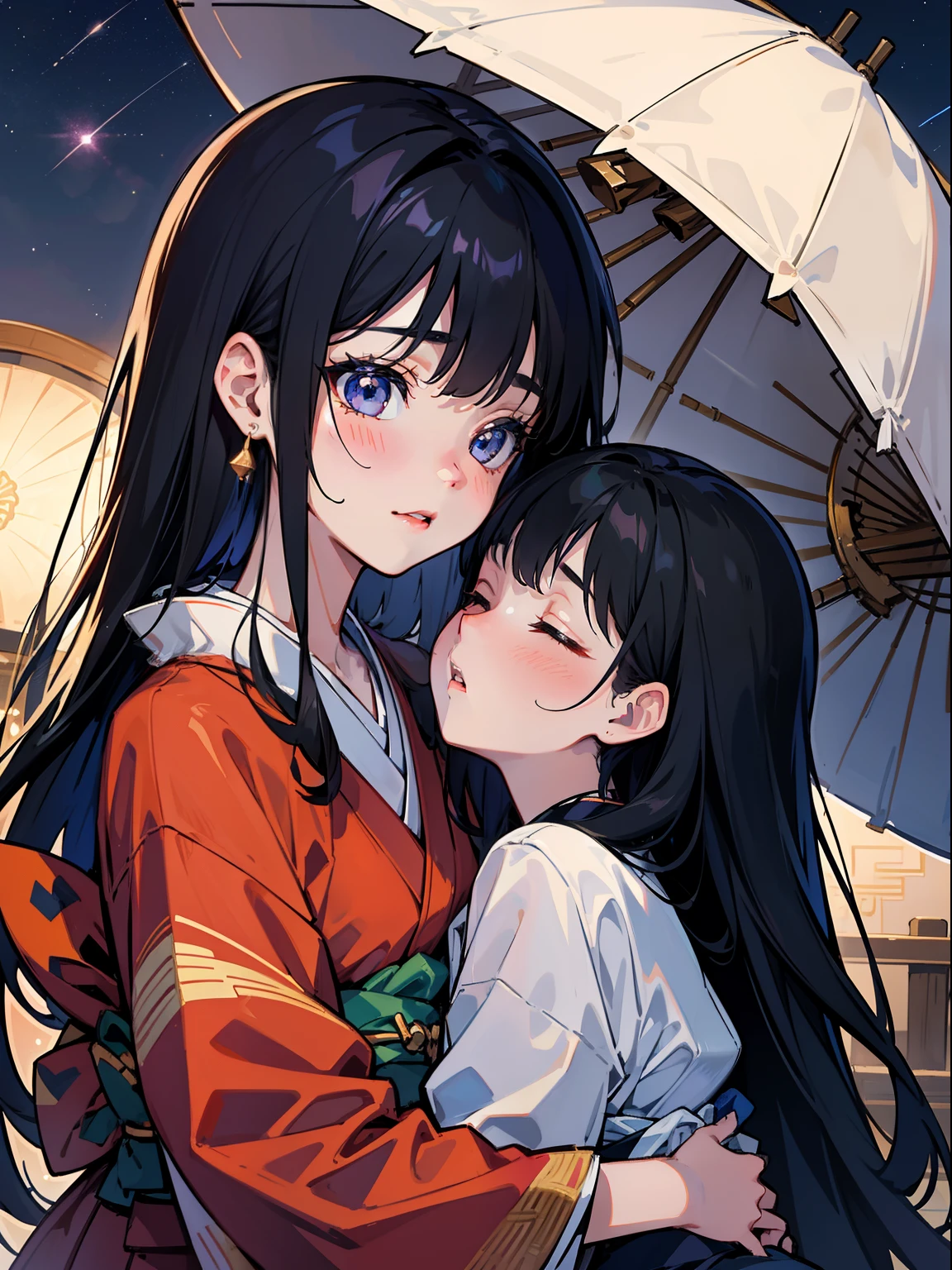 master-piece,hyper quality, hyper detailed,perfect drawing,two beautiful girls, lovers, dodging kisses, closing eyes, kimono beauty, kimono, kimono, kimono, black hair, japanese hair, half-open lips, sucking lips strongly, drooling, elegant, brilliant, beautiful, blush (0.2), gorgeous, beautiful, gorgeous, gentle, starry sky, milky way, summer triangle, Tanabata and bamboo ornaments, precise drawings, detailed drawings,