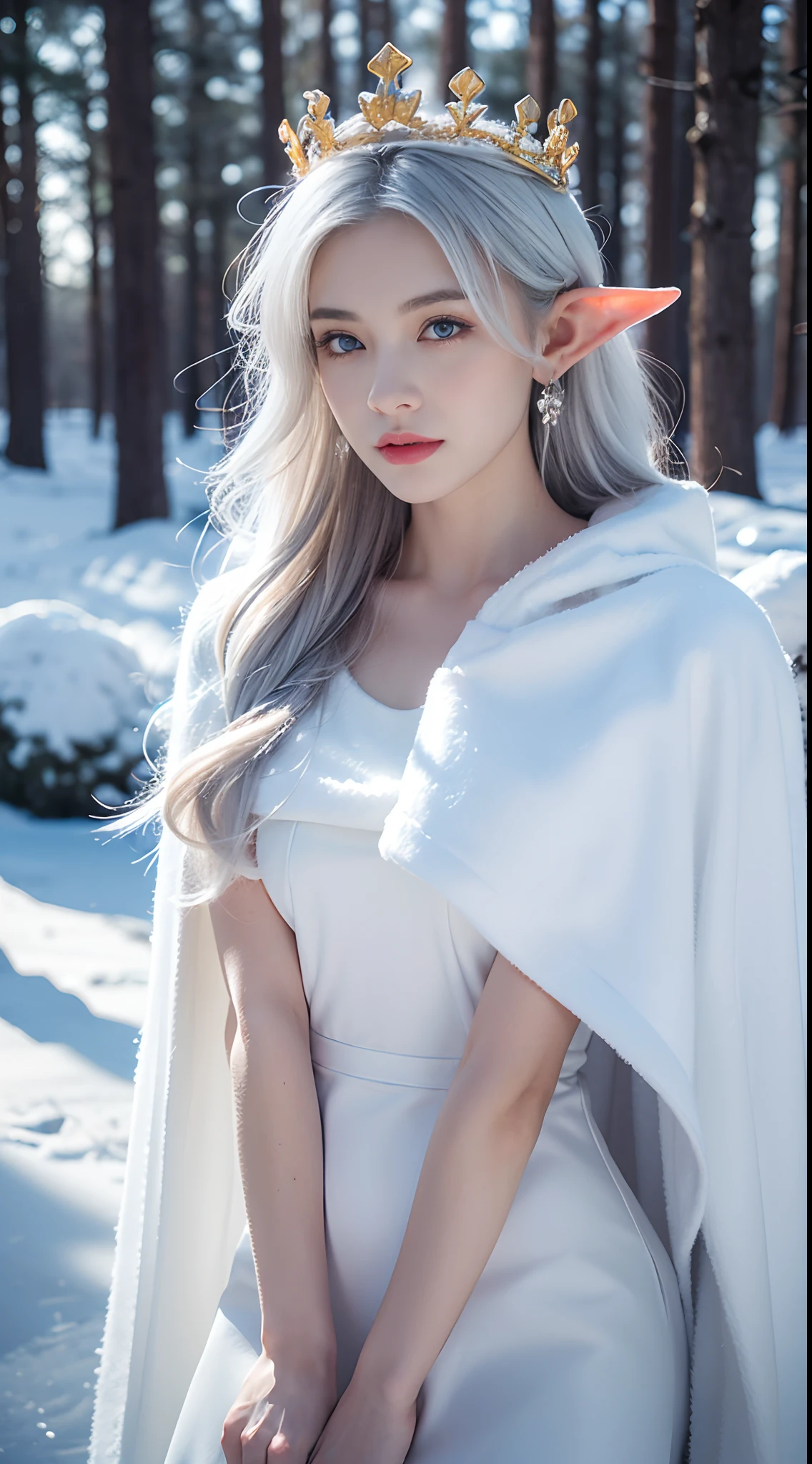 (( Elf girl with long white hair, blue eyes, good shape, long white dress, cape, ice crown, ice earrings )), iceball, power, Ice Power, Look at the camera., Front camera angle, forests, Cold Weather, snow, snowfall, Snow droplets, Snow in the air, cinematic scene, Magic, Snow Magic, fantasy, mythology, decoration, diffused lighting, moon light, moon,