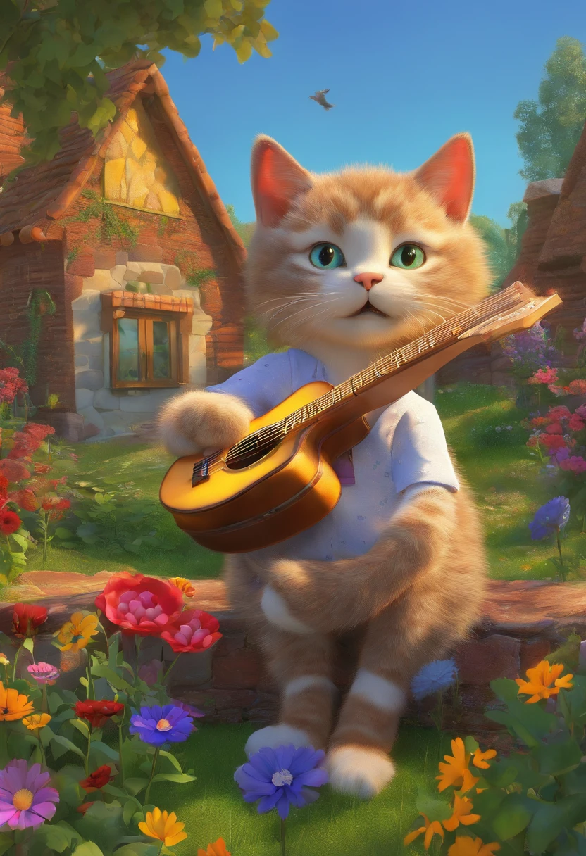 A painting of a cat playing guitar in the garden, The Cat and the Pipa, The cat playing the lute in the garden, by Victor Nizovtsev, Full of Flowers, A painting of a cat, Darrell Sweet , inspired by Mark Keighley, Kerem Couplets, by Mark Keighley, Flower Boy, inspired by Viktor Nizovtsev